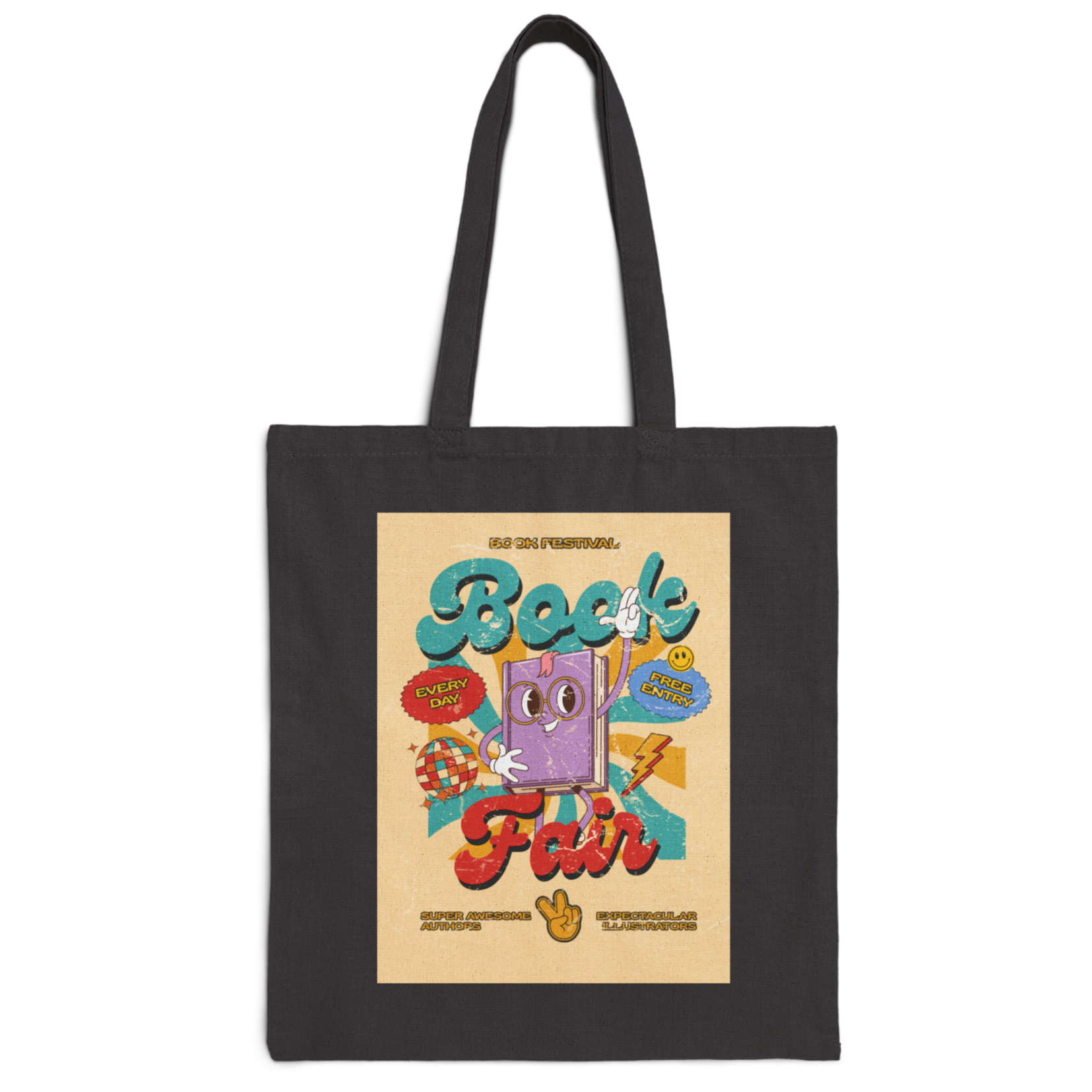 Retro Book Fair Flyer Cotton Canvas Tote Bag product thumbnail image Retro Book Fair Flyer Cotton Canvas Tote Bag product thumbnail image