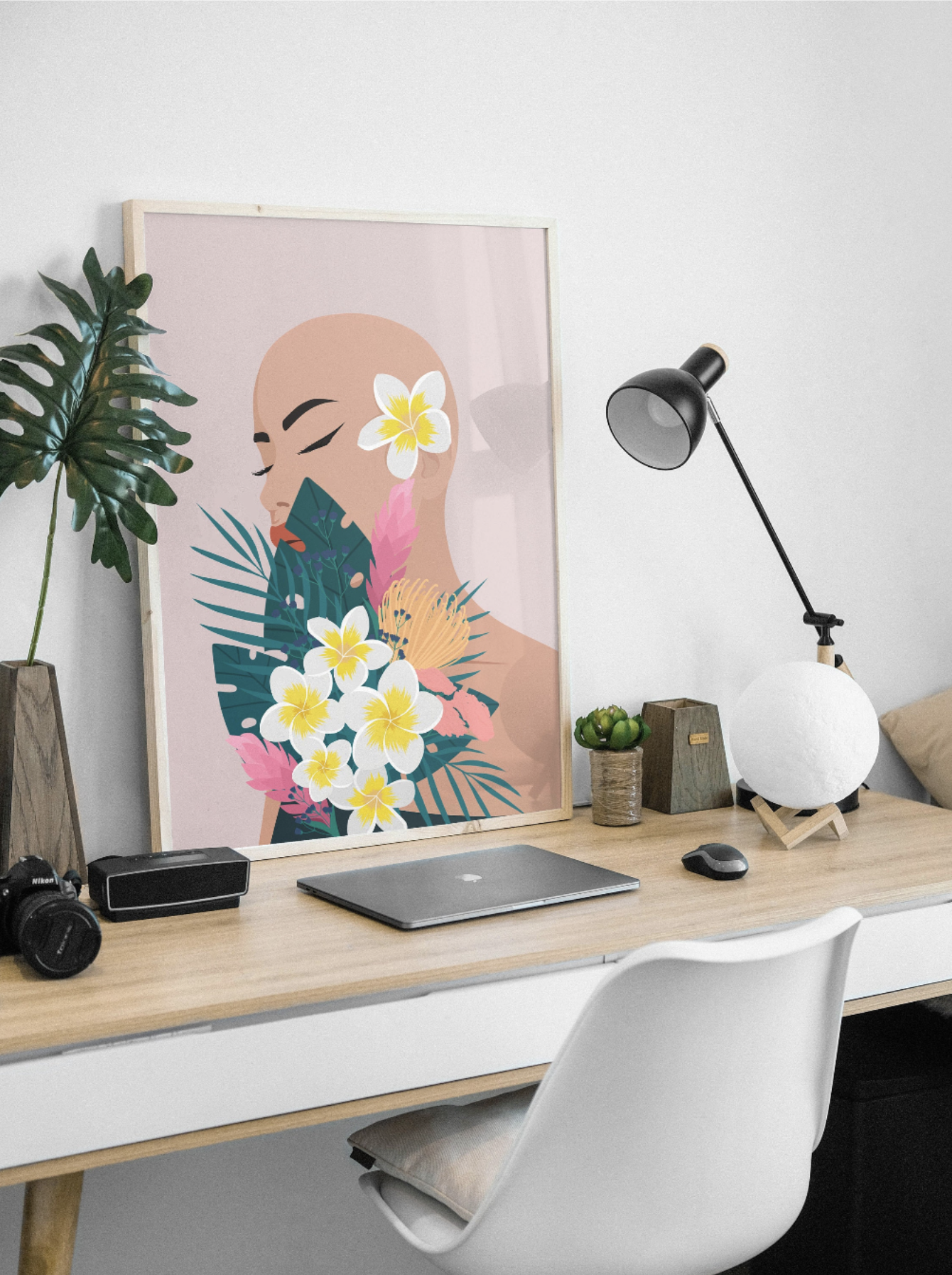 Bald Girl with Tropical Flower Bouquet – Alopecia Awareness Art | Empowering Feminine Illustration product thumbnail image