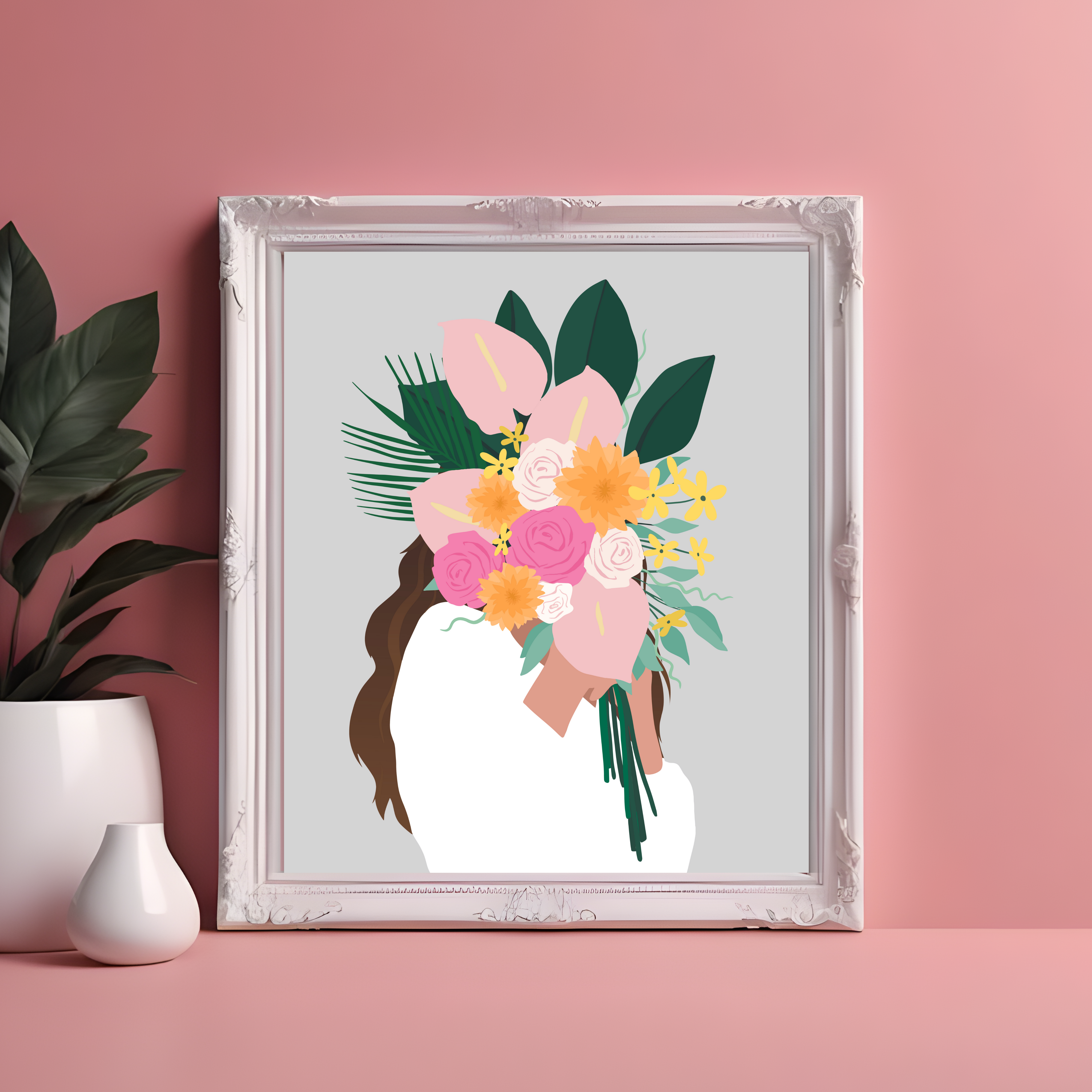 Girl Carrying Floral Bouquet Illustration, Tropical flowers