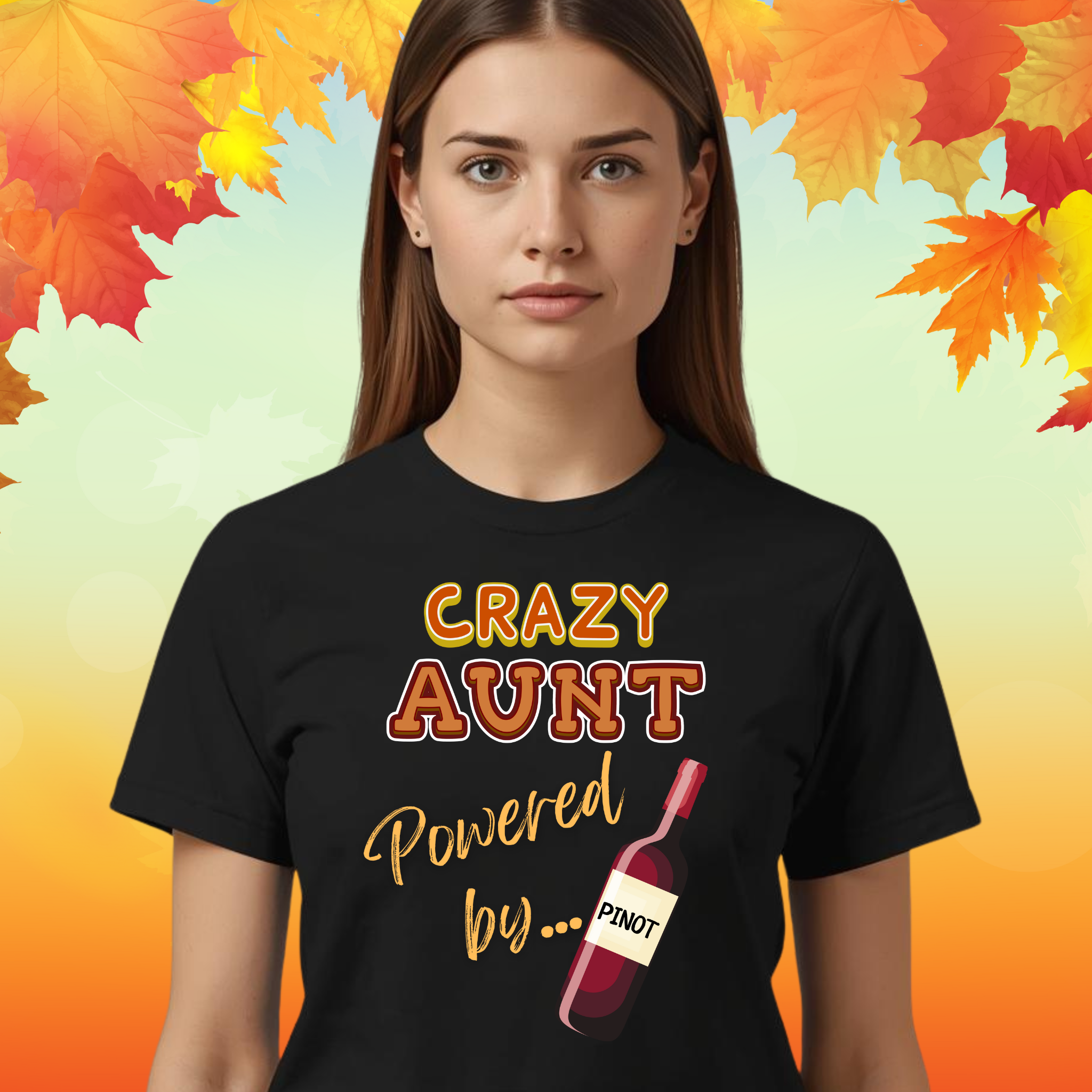 Crazy Aunt Powered By Pinot Thanksgiving T Shirt | Funny Turkey Day Drinking Shirt | Friendsgiving Party Graphic Tee product thumbnail image