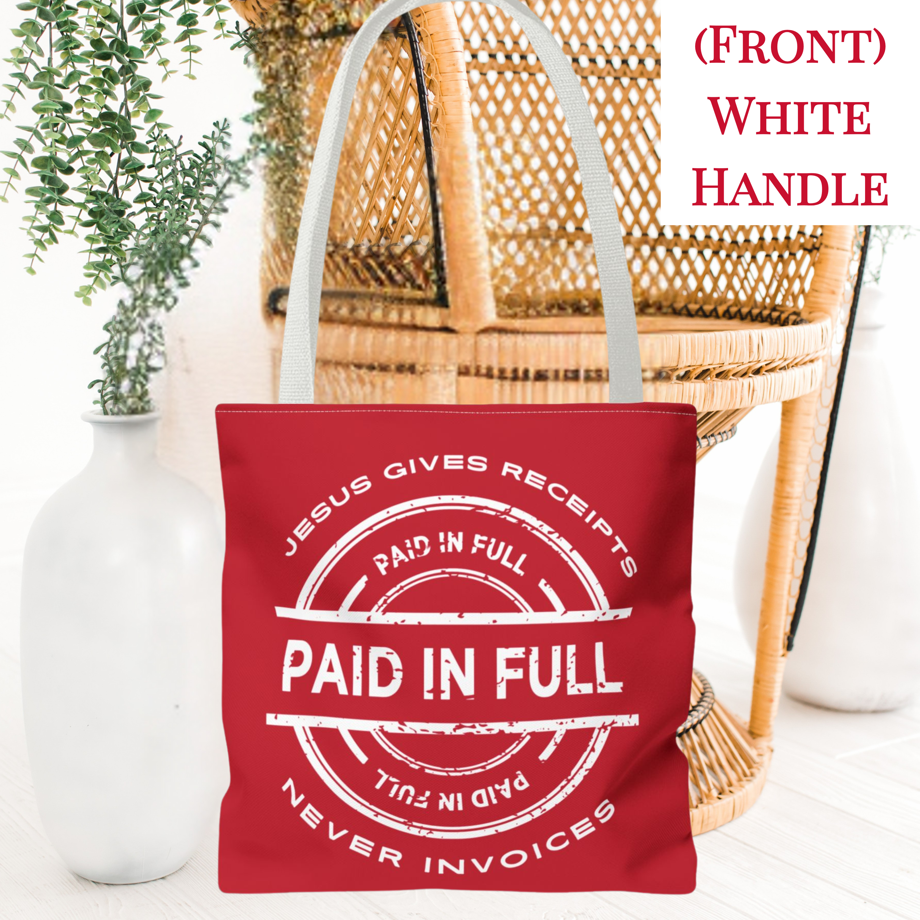 White on Red "Jesus Gives Receipts, Never Invoices" Tote Bag Featuring Distinctive "Paid-in-Full" Graphic | Gospel of Grace Christian Design | Faith-Based Merchandise product thumbnail image White on Red "Jesus Gives Receipts, Never Invoices" Tote Bag Featuring Distinctive "Paid-in-Full" Graphic | Gospel of Grace Christian Design | Faith-Based Merchandise product thumbnail image