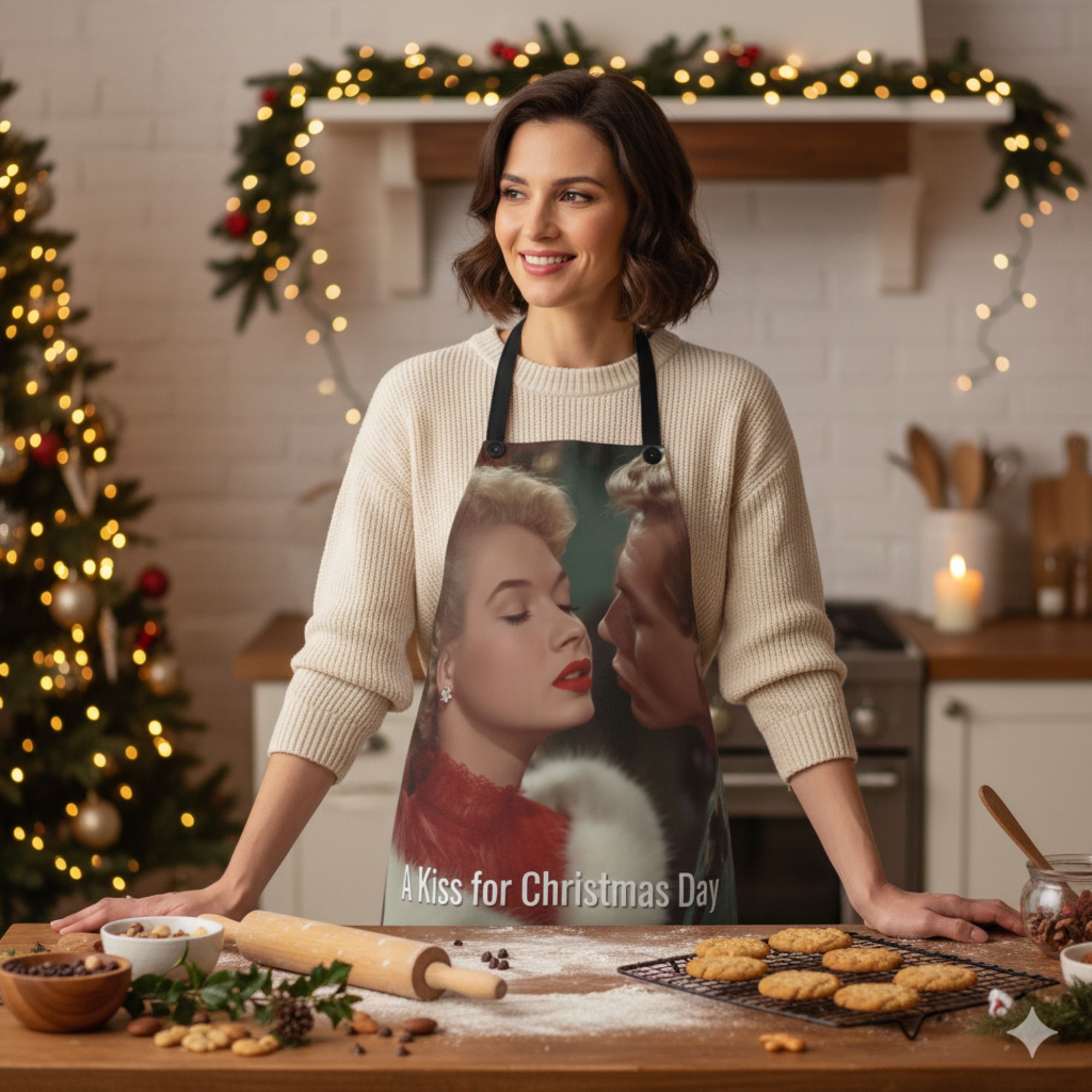 A Kiss for Christmas Day Apron – Romantic Vintage Holiday Apron for Her product thumbnail image A Kiss for Christmas Day Apron – Romantic Vintage Holiday Apron for Her product thumbnail image