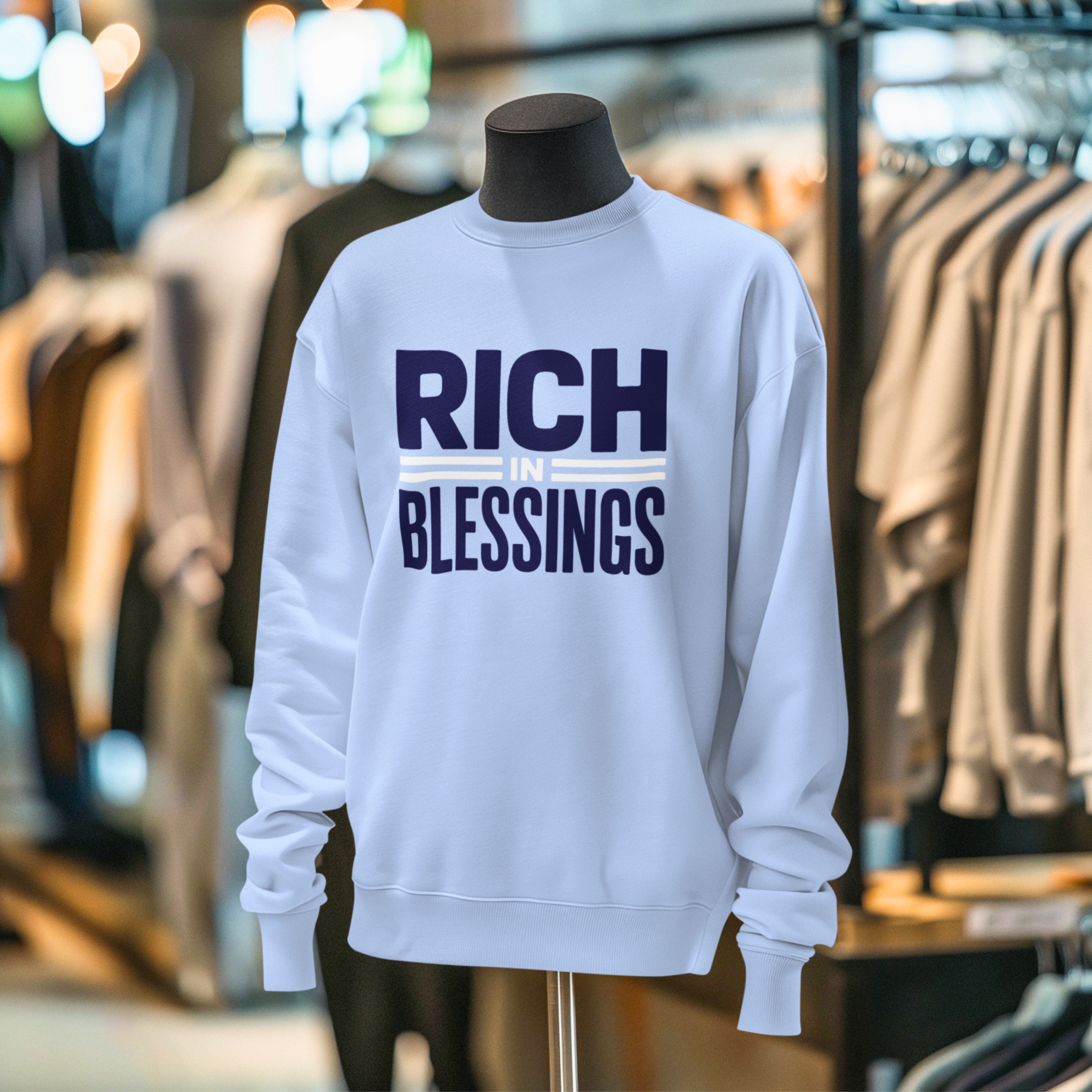 Unisex "RICH IN BLESSINGS" Sky Blue/Navy/White Sweatshirt