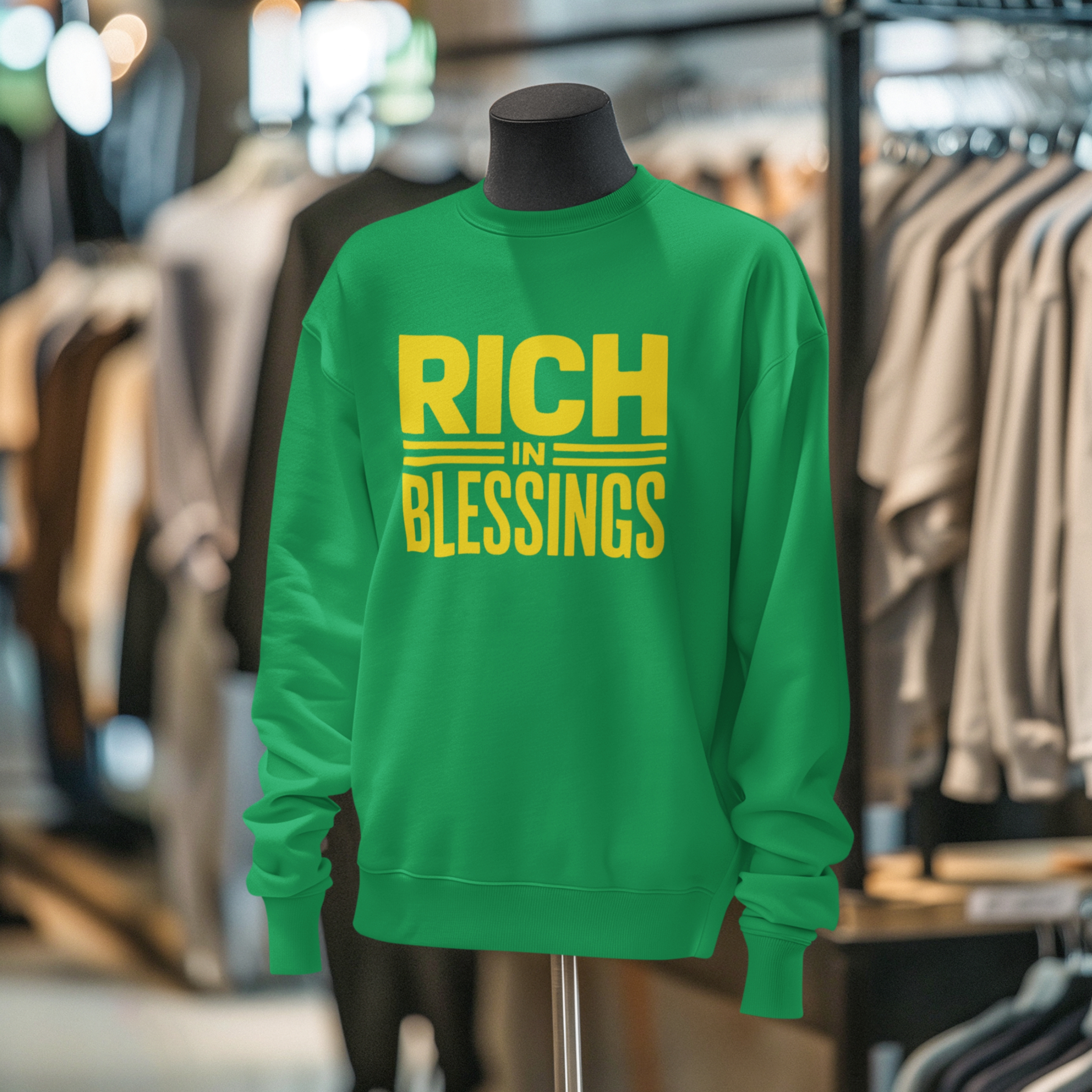 Unisex "RICH IN BLESSINGS" Kelly Green/Sun Yellow Sweatshirt product thumbnail image Unisex "RICH IN BLESSINGS" Kelly Green/Sun Yellow Sweatshirt product thumbnail image