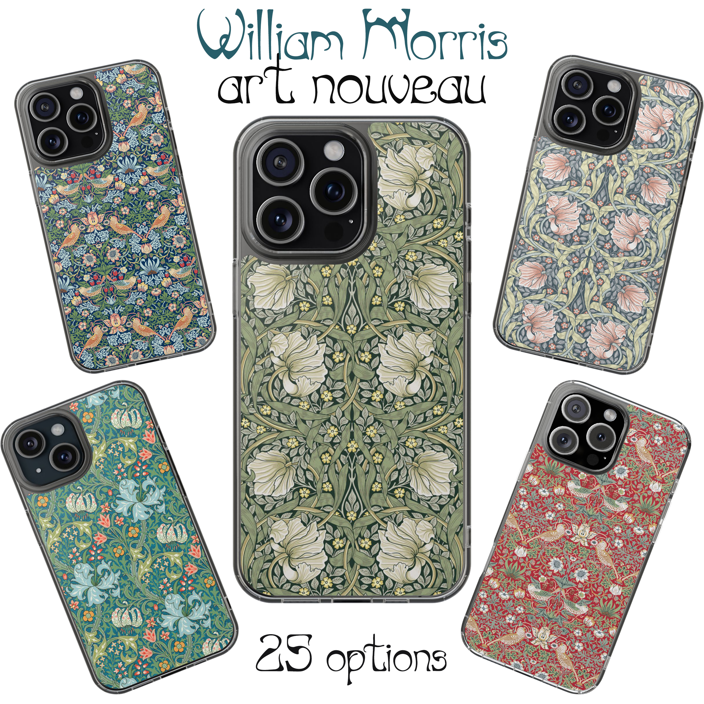 William Morris iPhone Case 20 Floral Vintage Designs, Clear Impact Resistant Botanical Phone Case, Art Nouveau Pattern Gift