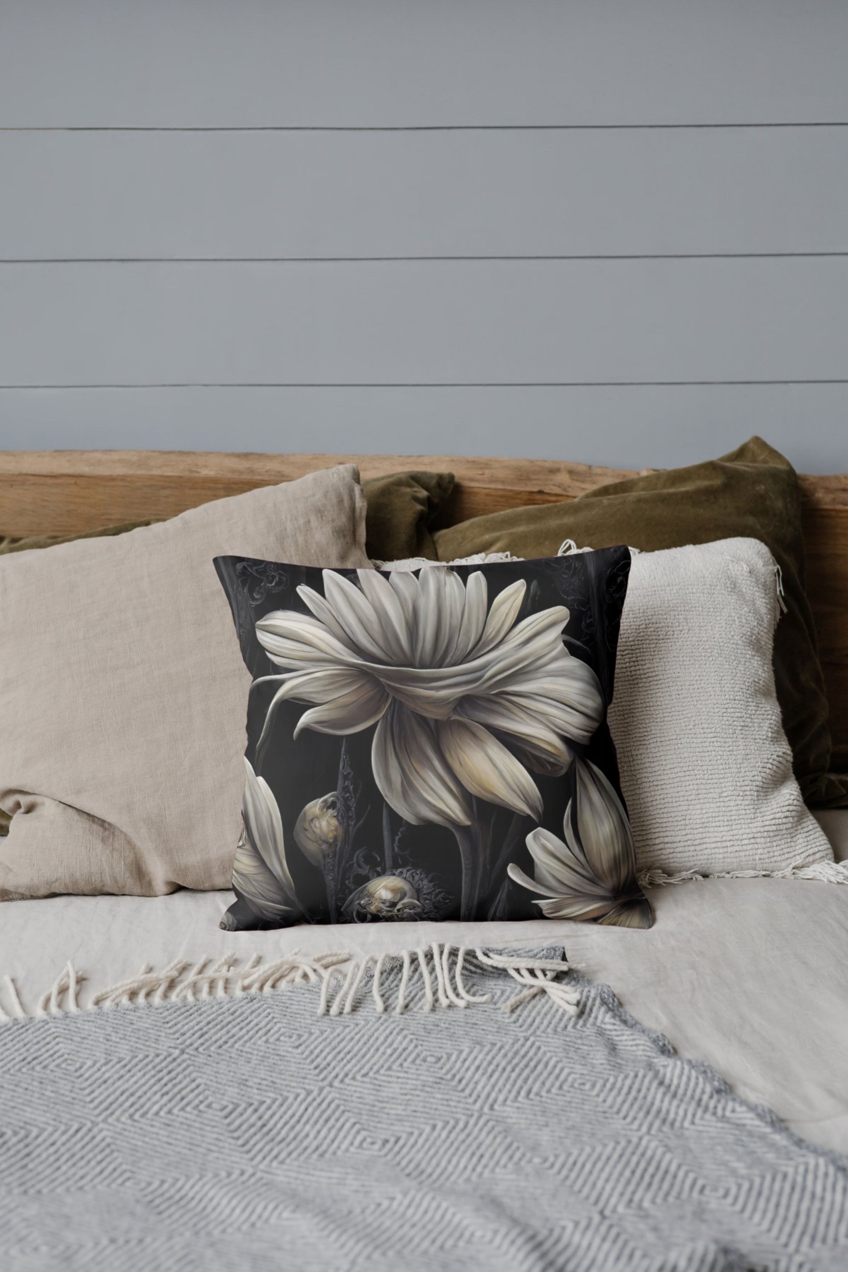 Gothic Floral Pillow | Faux Suede Square Throw Pillow with Dark Elegant Flower Design for Witchy &amp; Alternative Home Décor