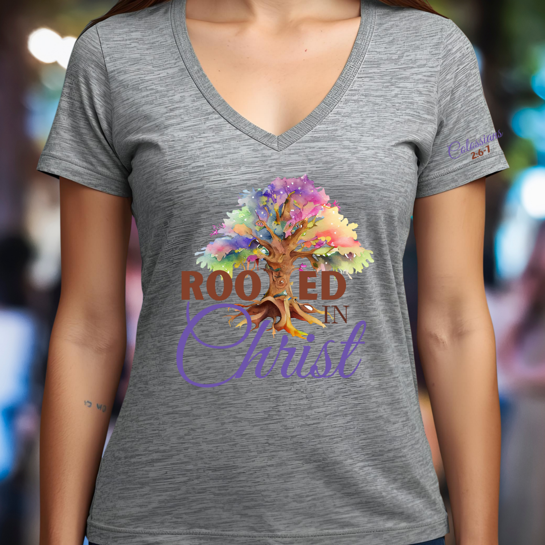 Rooted In Christ - V-Neck Unisex T- Shirt product thumbnail image