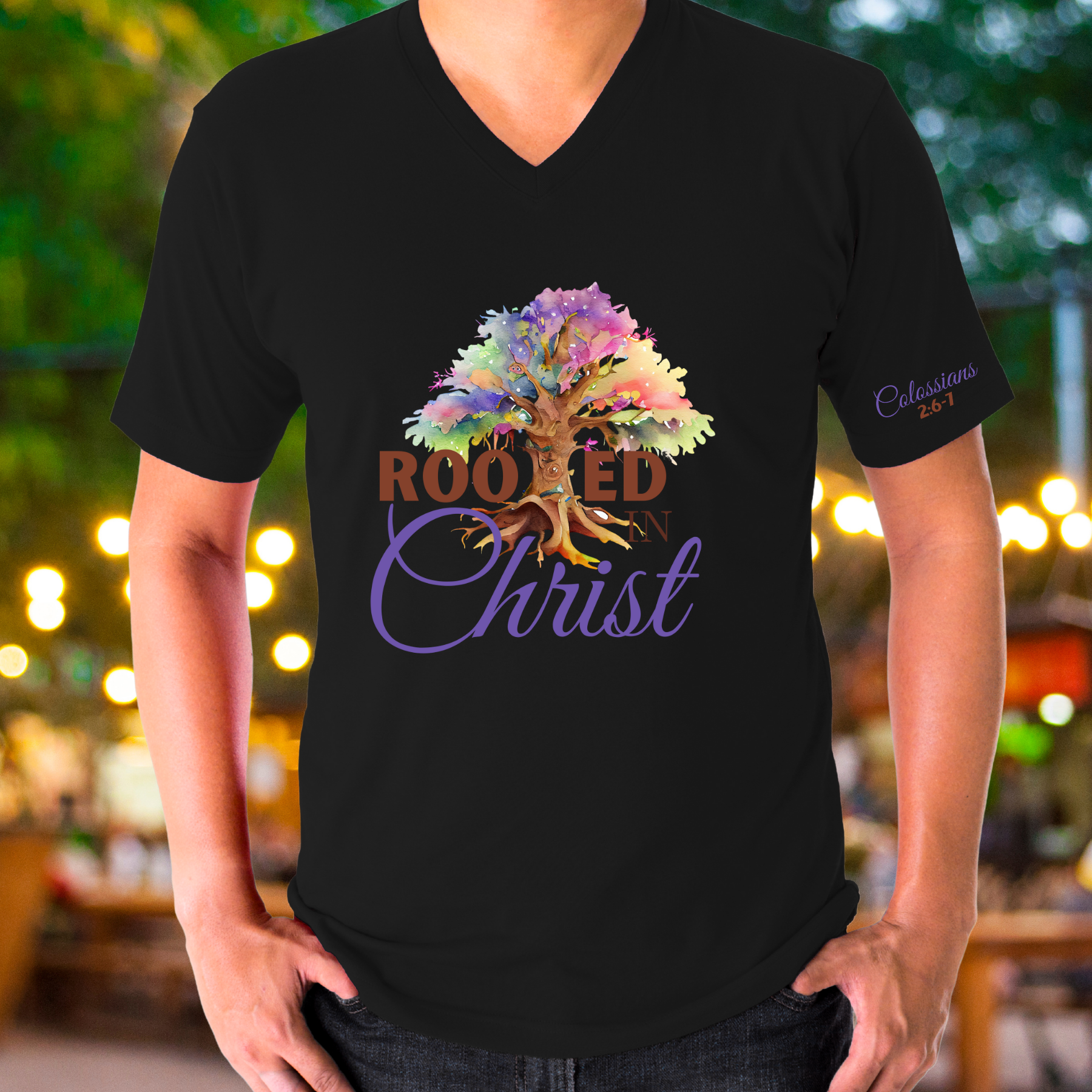Rooted In Christ - V-Neck Unisex T- Shirt product thumbnail image Rooted In Christ - V-Neck Unisex T- Shirt product thumbnail image
