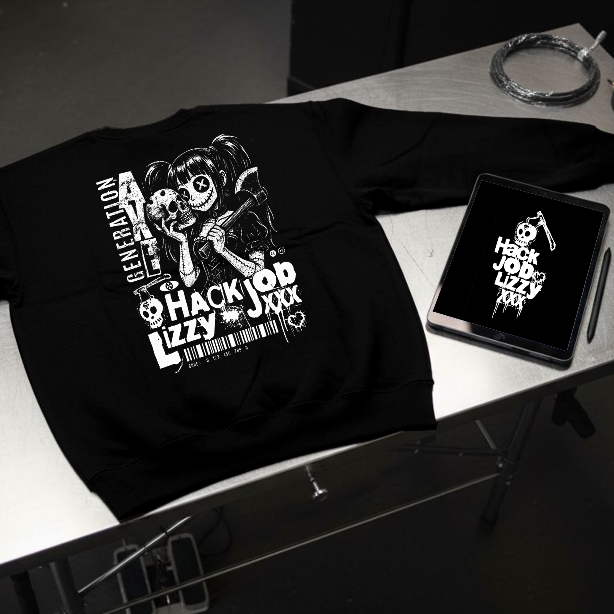 Unisex EcoSmart® Crewneck Sweatshirt | Hack Job Lizzy | Generation Axe | Punk Goth Grunge Pullover product thumbnail image Unisex EcoSmart® Crewneck Sweatshirt | Hack Job Lizzy | Generation Axe | Punk Goth Grunge Pullover product thumbnail image