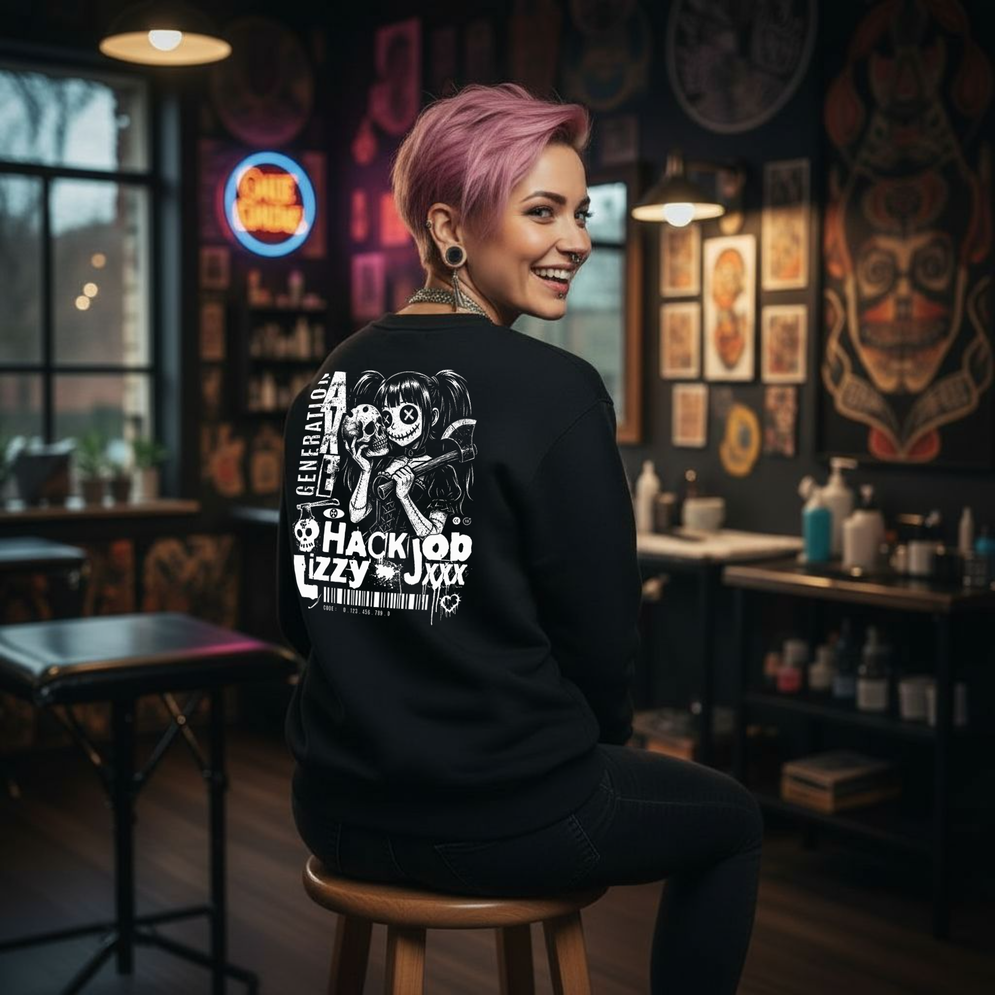 Unisex EcoSmart® Crewneck Sweatshirt | Hack Job Lizzy | Generation Axe | Punk Goth Grunge Pullover product thumbnail image Unisex EcoSmart® Crewneck Sweatshirt | Hack Job Lizzy | Generation Axe | Punk Goth Grunge Pullover product thumbnail image
