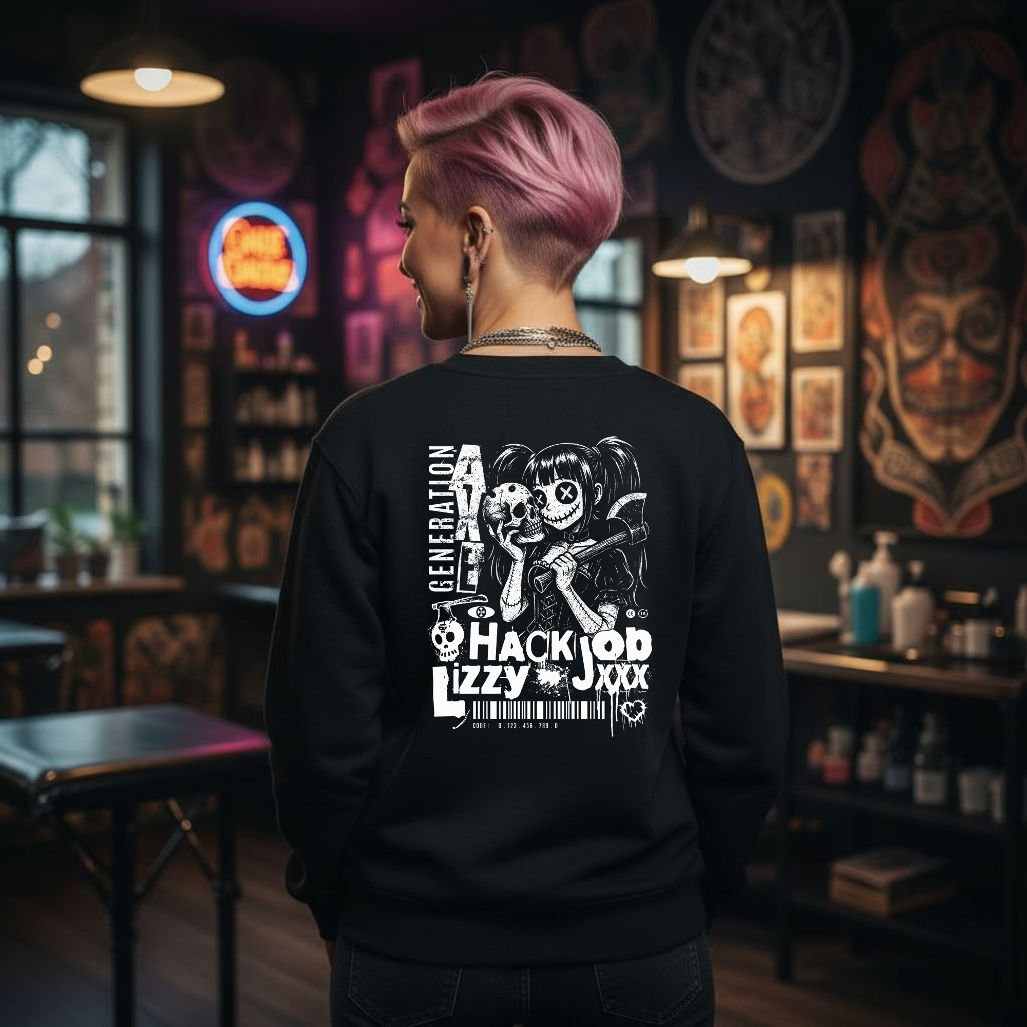 Unisex EcoSmart® Crewneck Sweatshirt | Hack Job Lizzy | Generation Axe | Punk Goth Grunge Pullover product thumbnail image Unisex EcoSmart® Crewneck Sweatshirt | Hack Job Lizzy | Generation Axe | Punk Goth Grunge Pullover product thumbnail image