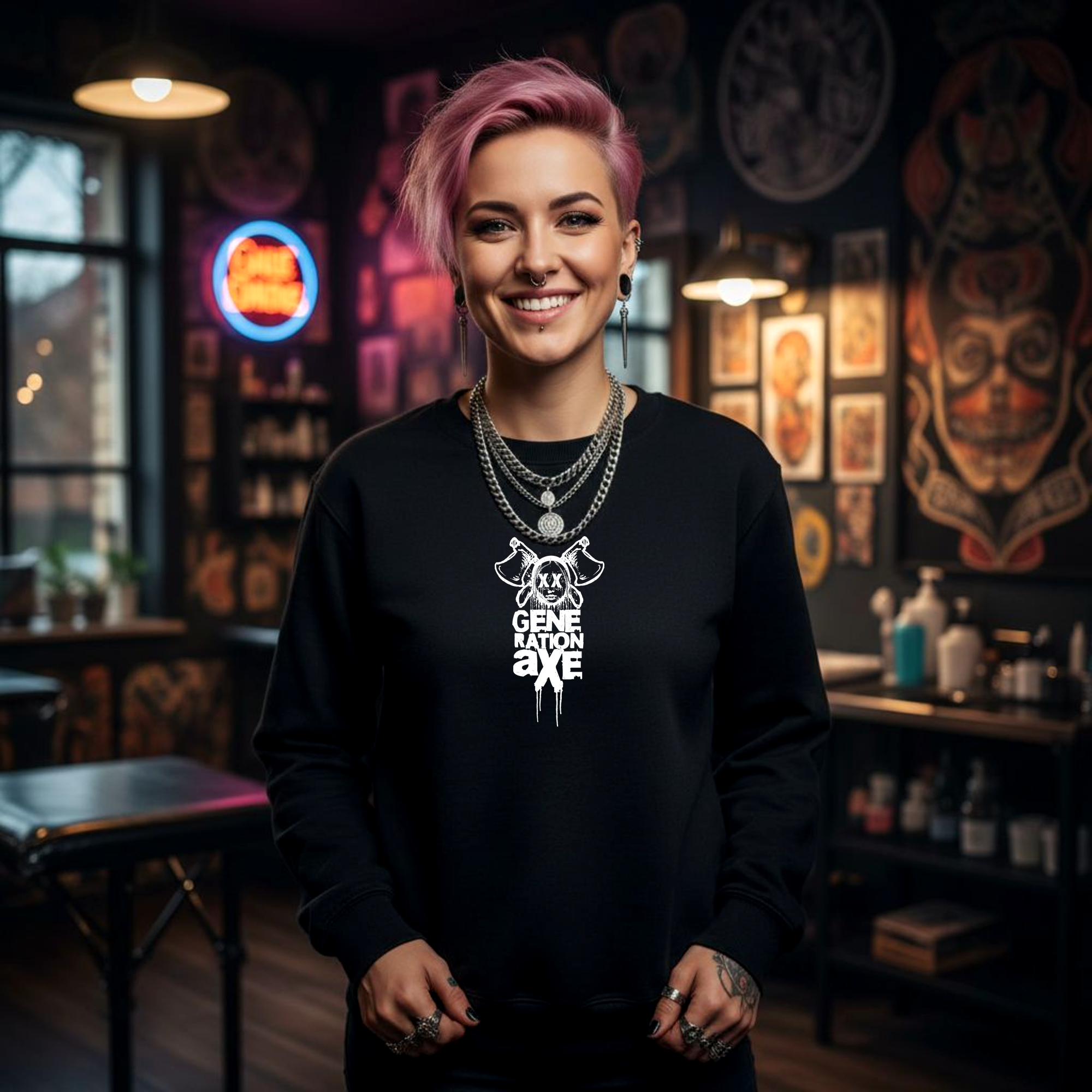 Unisex EcoSmart® Crewneck Sweatshirt | Hack Job Lizzy | Generation Axe | Punk Goth Grunge Pullover product thumbnail image Unisex EcoSmart® Crewneck Sweatshirt | Hack Job Lizzy | Generation Axe | Punk Goth Grunge Pullover product thumbnail image