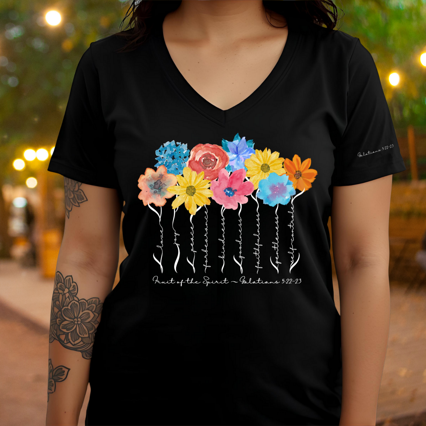 Fruit of the Spirit - V-neck Unisex T- Shirt featuring Galatians 5:22-23 product thumbnail image Fruit of the Spirit - V-neck Unisex T- Shirt featuring Galatians 5:22-23 product thumbnail image