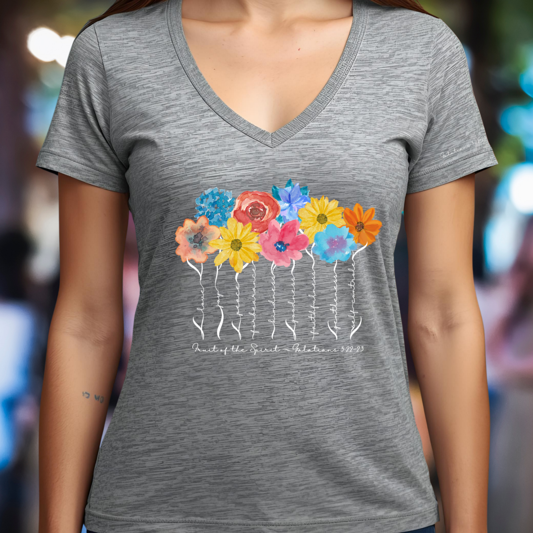 Fruit of the Spirit - V-neck Unisex T- Shirt featuring Galatians 5:22-23 product thumbnail image Fruit of the Spirit - V-neck Unisex T- Shirt featuring Galatians 5:22-23 product thumbnail image