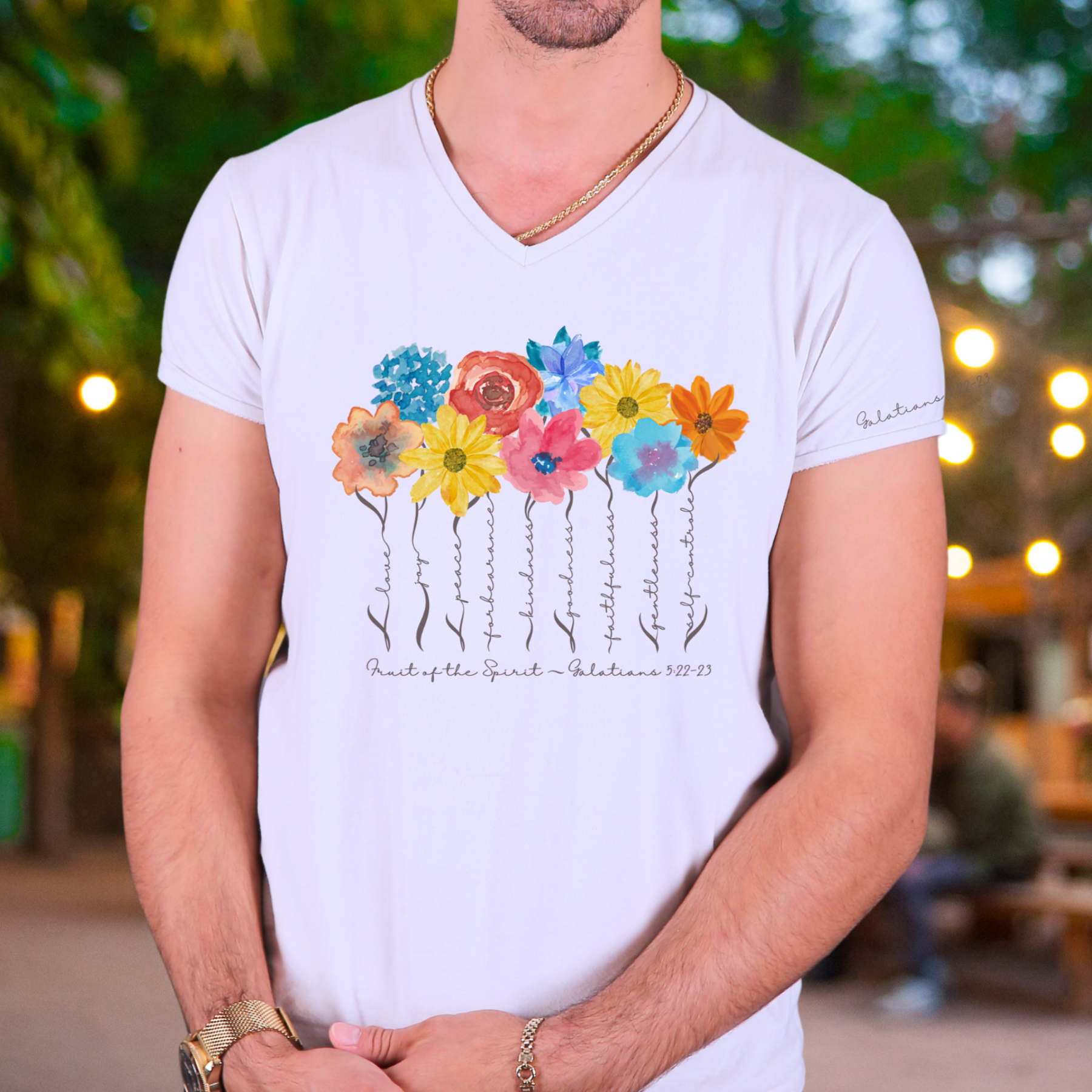 Fruit of the Spirit - V-neck Unisex T- Shirt featuring Galatians 5:22-23 product thumbnail image Fruit of the Spirit - V-neck Unisex T- Shirt featuring Galatians 5:22-23 product thumbnail image