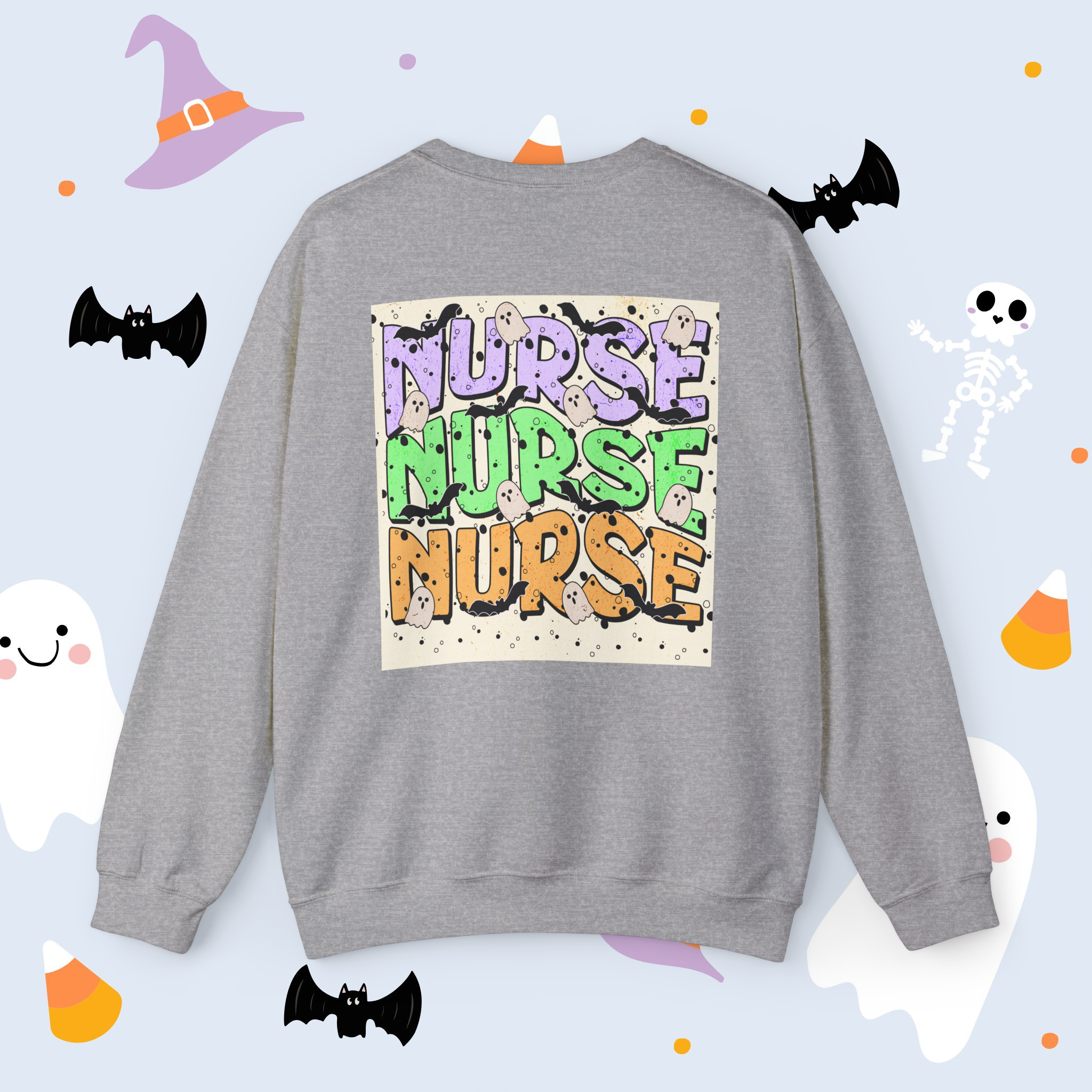 Personalized Nurse Halloween Sweatshirt – Cute Halloween Back Design &amp; Custom Name + Credentials on Front l Custom Unit or Specialty Healthcare Sweatshirt product thumbnail image