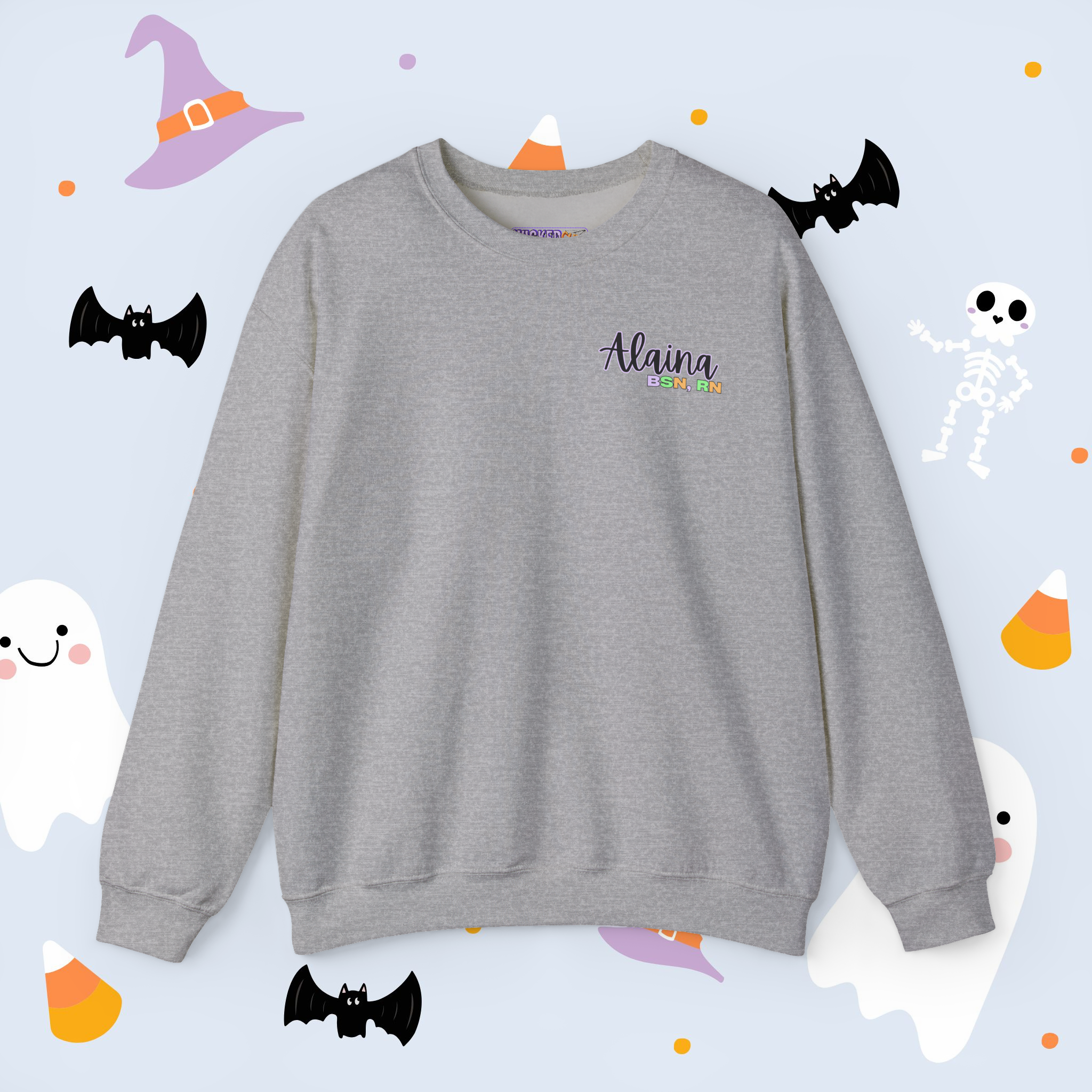 Personalized Nurse Halloween Sweatshirt – Cute Halloween Back Design &amp; Custom Name + Credentials on Front l Custom Unit or Specialty Healthcare Sweatshirt product thumbnail image