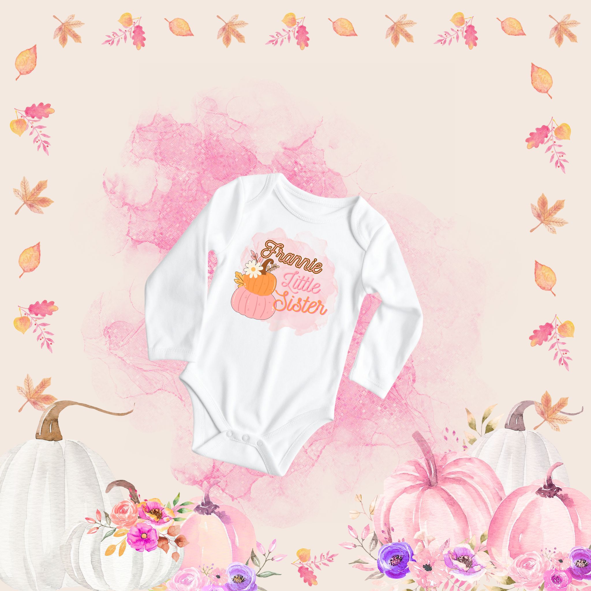 Personalized Infant Long Sleeve Bodysuit for Baby's First Halloween, Sibling Announcement, Fall Family Photos l Pink Pumpkin Outfit, Baby Shower Gift, Fall Baby Clothes, Holiday Baby Wear product thumbnail image