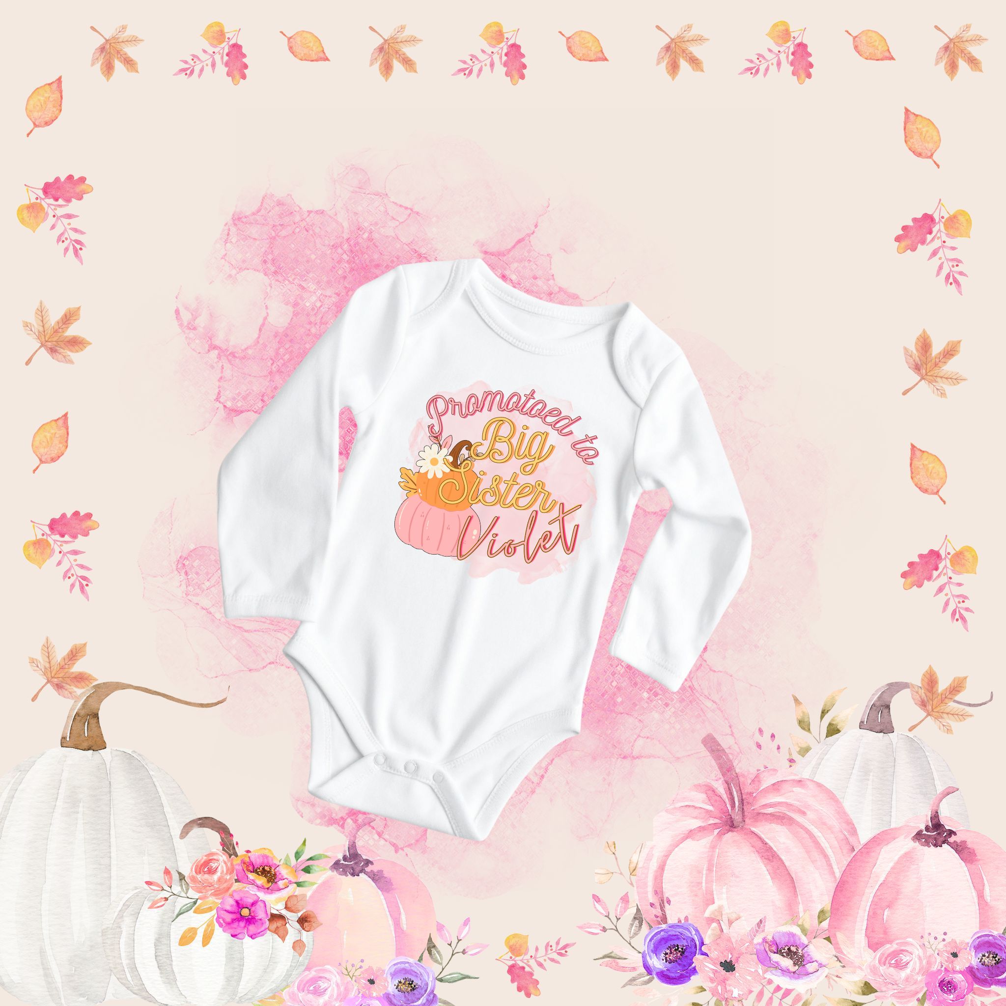 Personalized Infant Long Sleeve Bodysuit for Baby's First Halloween, Sibling Announcement, Fall Family Photos l Pink Pumpkin Outfit, Baby Shower Gift, Fall Baby Clothes, Holiday Baby Wear