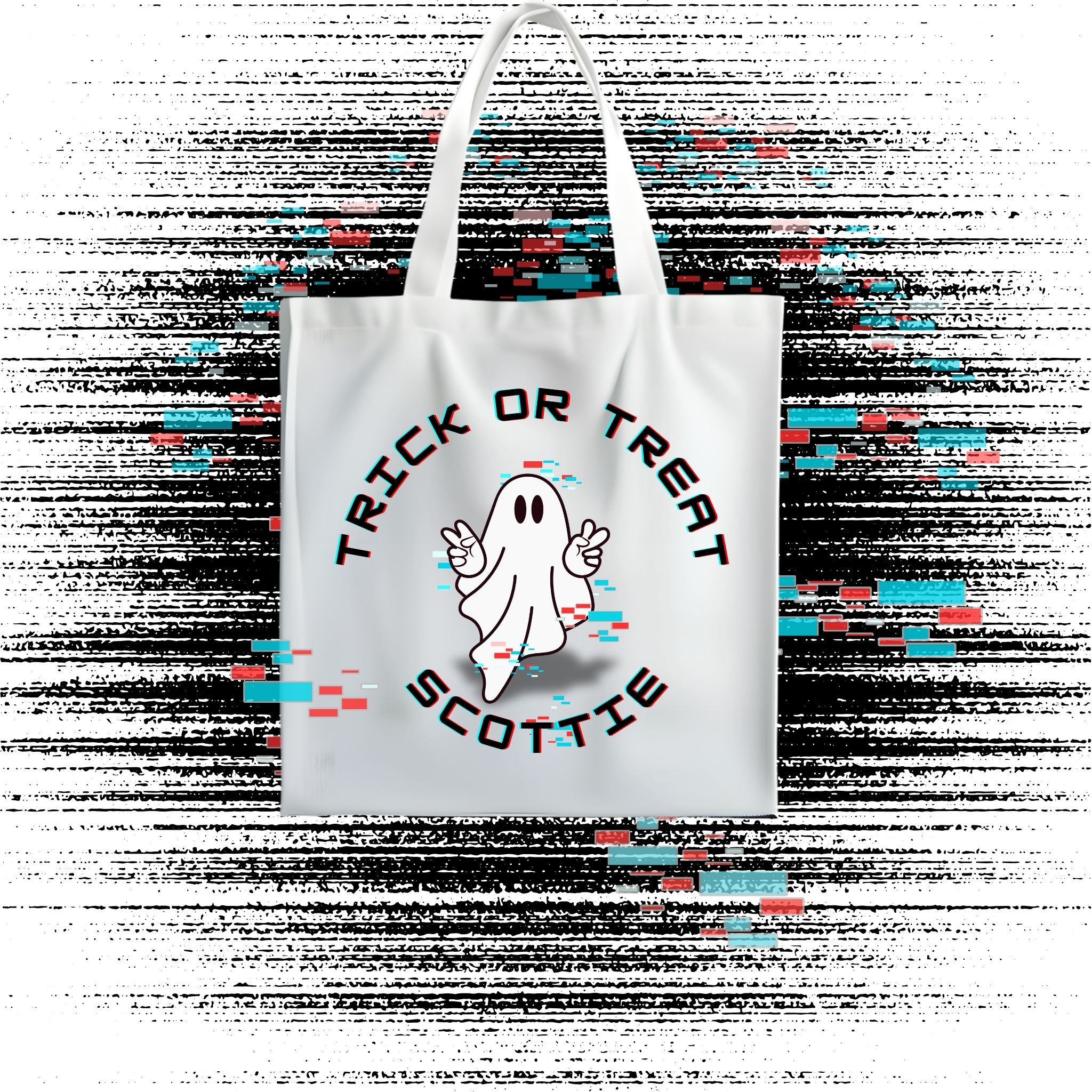 Personalized Glitch Ghost Halloween Tote Bag – Custom Name Trick or Treat Bag, Custom Tote, Sibling Announcement l Big Bro/Sis Tote product thumbnail image