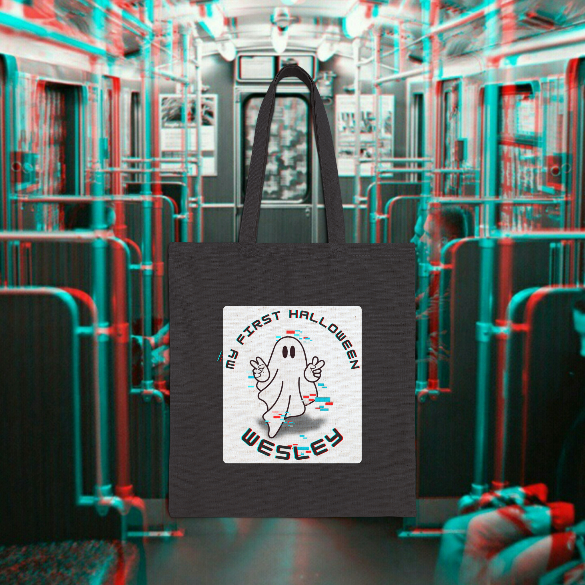 Personalized Glitch Ghost Halloween Tote Bag – Custom Name Trick or Treat Bag, Custom Tote, Sibling Announcement l Big Bro/Sis Tote
