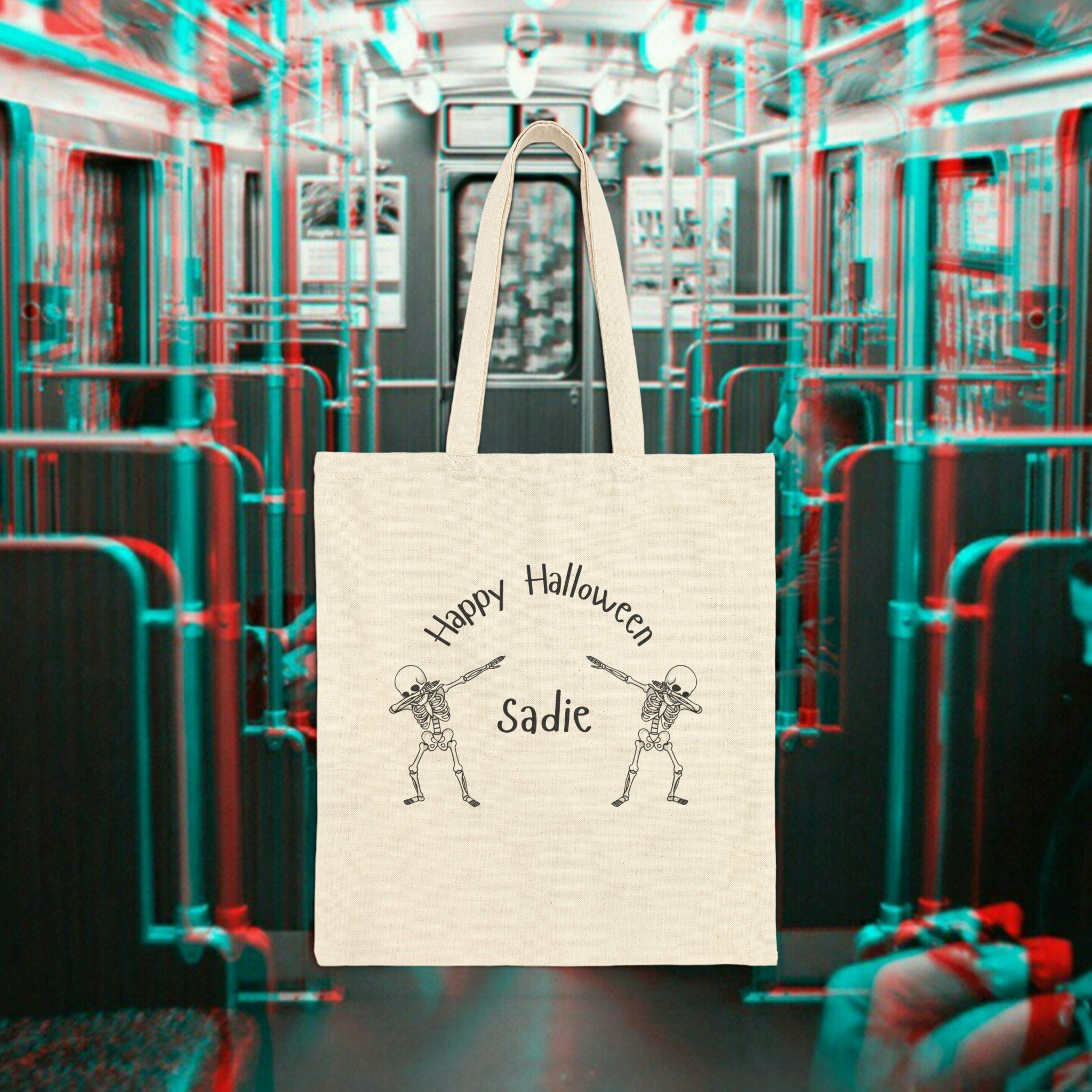Personalized Dabbing Skeleton Halloween Tote Bag – Custom Name Trick or Treat Bag, Custom Funny Skeleton Tote, Halloween Custom Tote