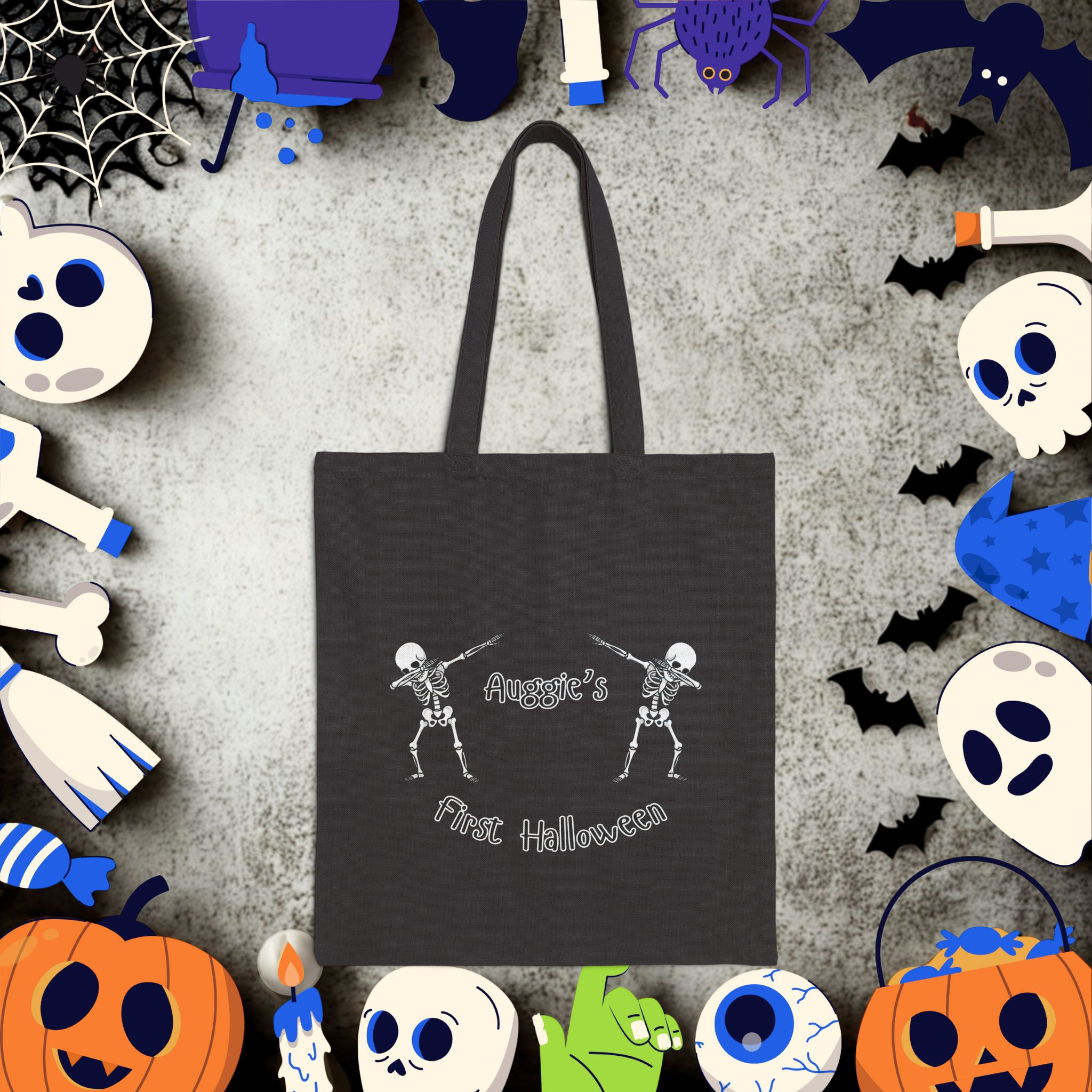 Personalized Dabbing Skeleton Halloween Tote Bag – Custom Name Trick or Treat Bag, Custom Funny Skeleton Tote, First Halloween Custom Tote product thumbnail image