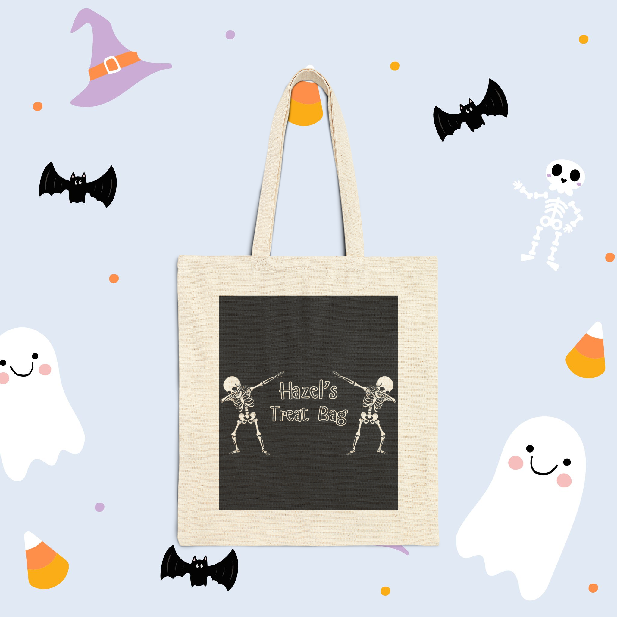 Personalized Dabbing Skeleton Halloween Tote Bag – Custom Name Trick or Treat Bag, Custom Funny Skeleton Tote, First Halloween Custom Tote product thumbnail image