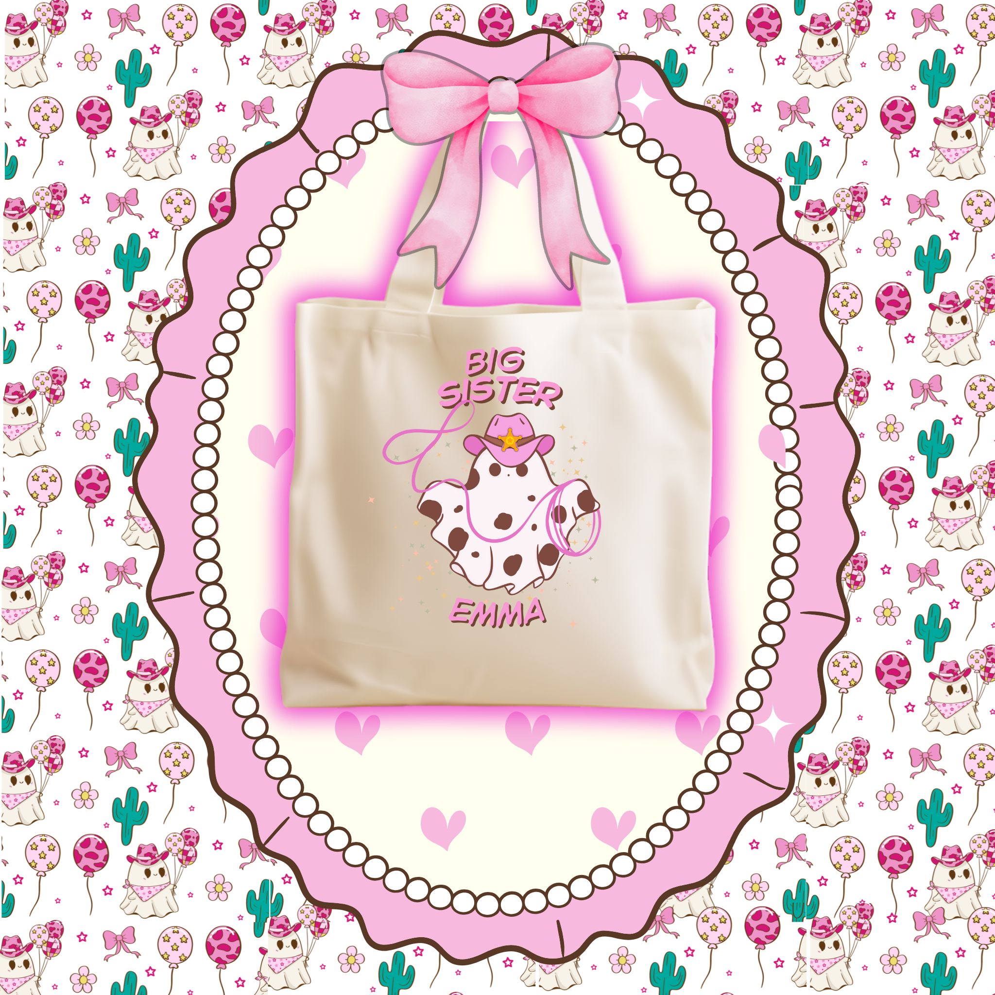 Personalized Pink Cowgirl Ghost Halloween Tote – Customized for Trick or Treating, First Halloween, Sibling announcements and More! product thumbnail image