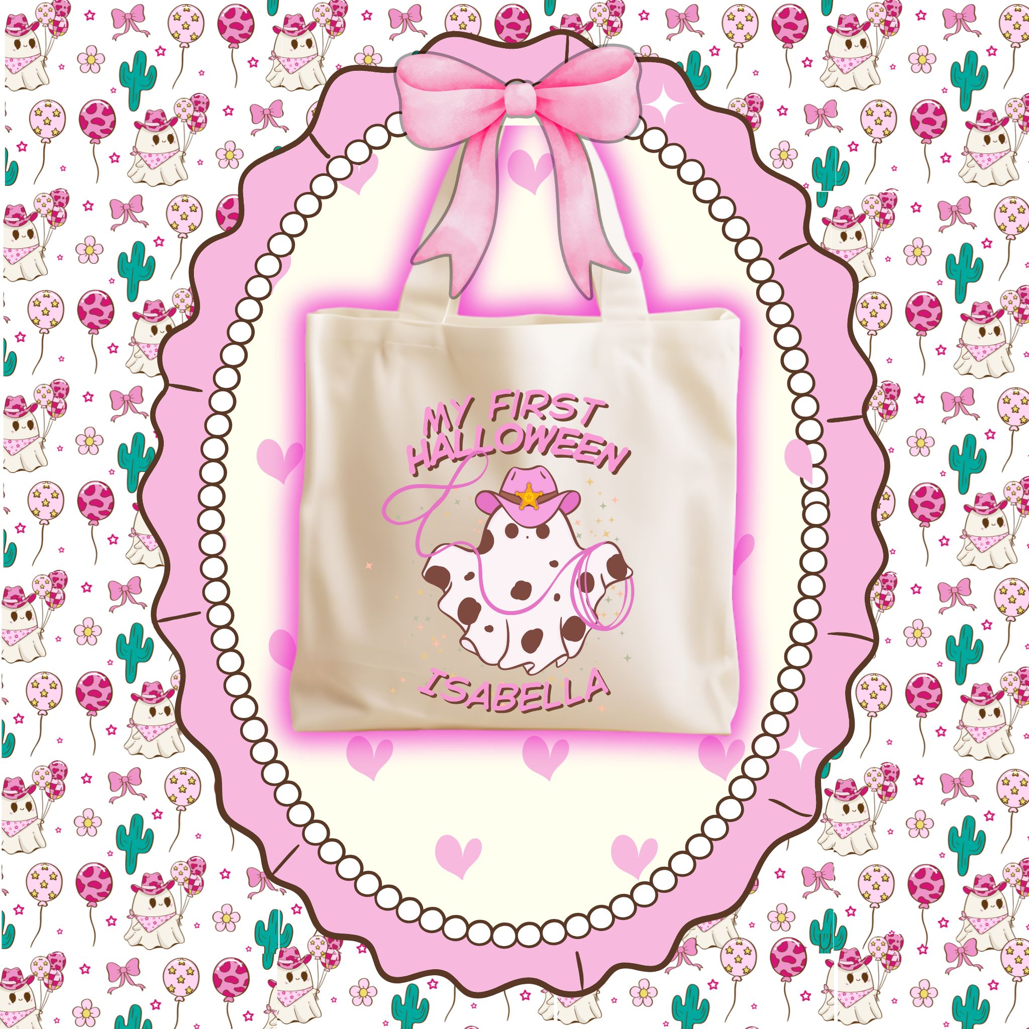Personalized Pink Cowgirl Ghost Halloween Tote – Customized for Trick or Treating, First Halloween, Sibling announcements and More!