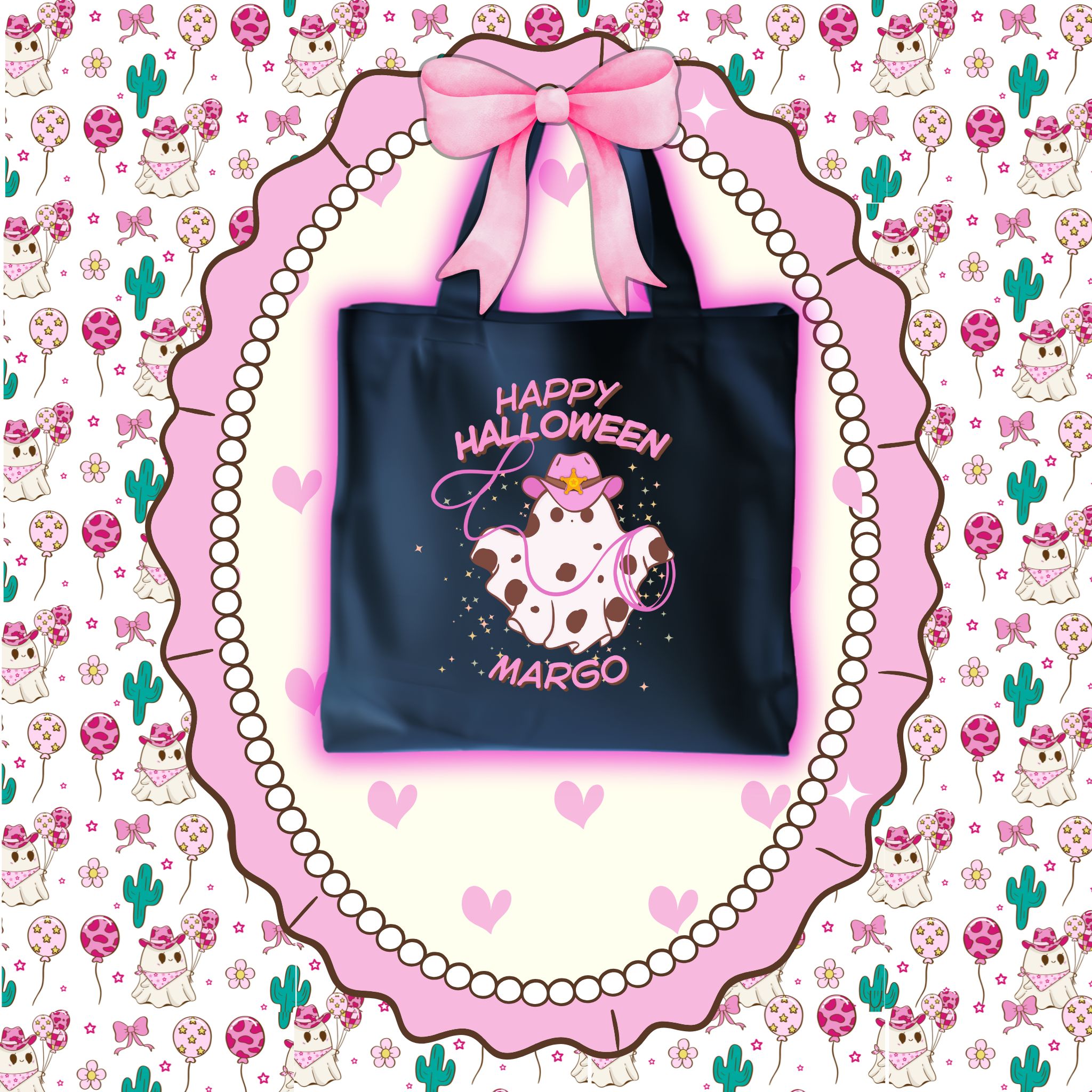 Personalized Pink Cowgirl Ghost Halloween Tote – Customized for Trick or Treating, First Halloween, Sibling announcements and More! product thumbnail image