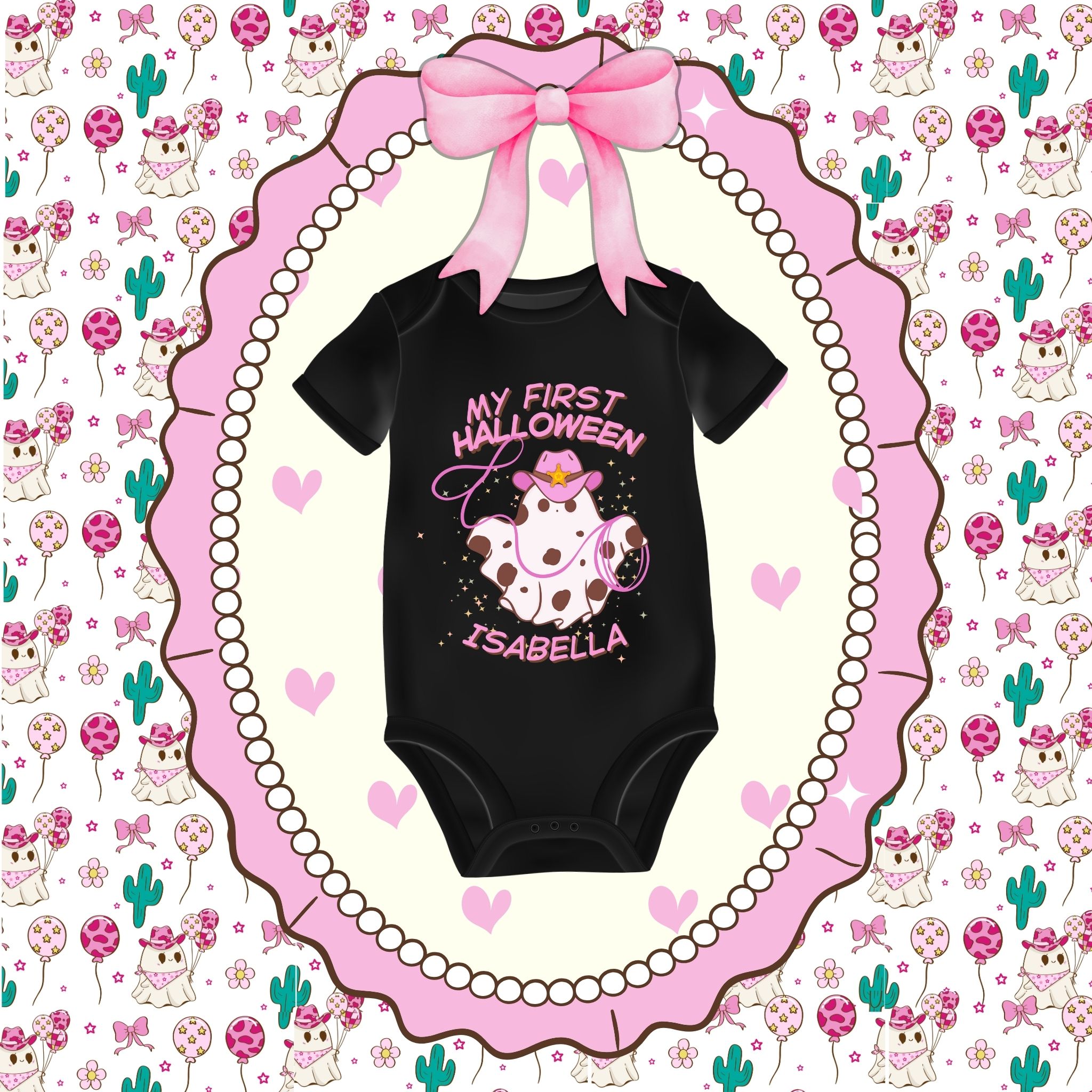 Personalized Pink Cowgirl Ghost Halloween Short Sleeve Baby Onesie – Custom Name | Trick or Treat &amp; First Halloween Outfit l Promoted to Big, Cute Infant Gift, Halloween Sibling Announcement, Spooky Pink Baby Shower, Newborn Clothing product thumbnail image