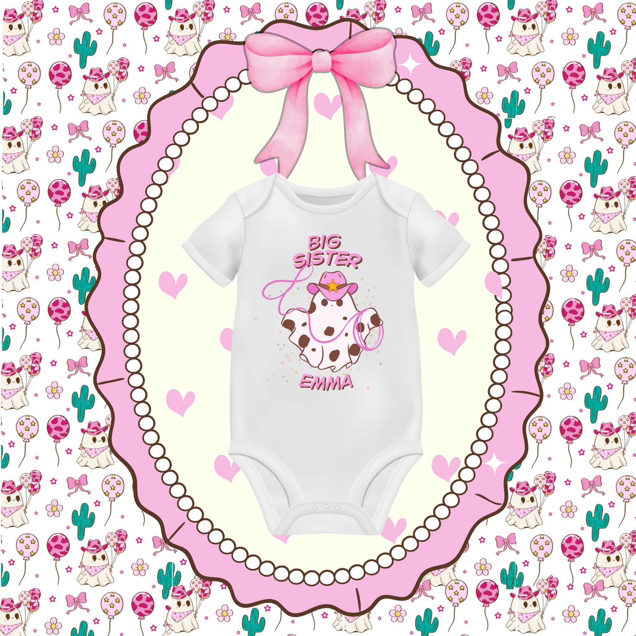 Personalized Pink Cowgirl Ghost Halloween Short Sleeve Baby Onesie – Custom Name | Trick or Treat &amp; First Halloween Outfit l Promoted to Big, Cute Infant Gift, Halloween Sibling Announcement, Spooky Pink Baby Shower, Newborn Clothing product thumbnail image