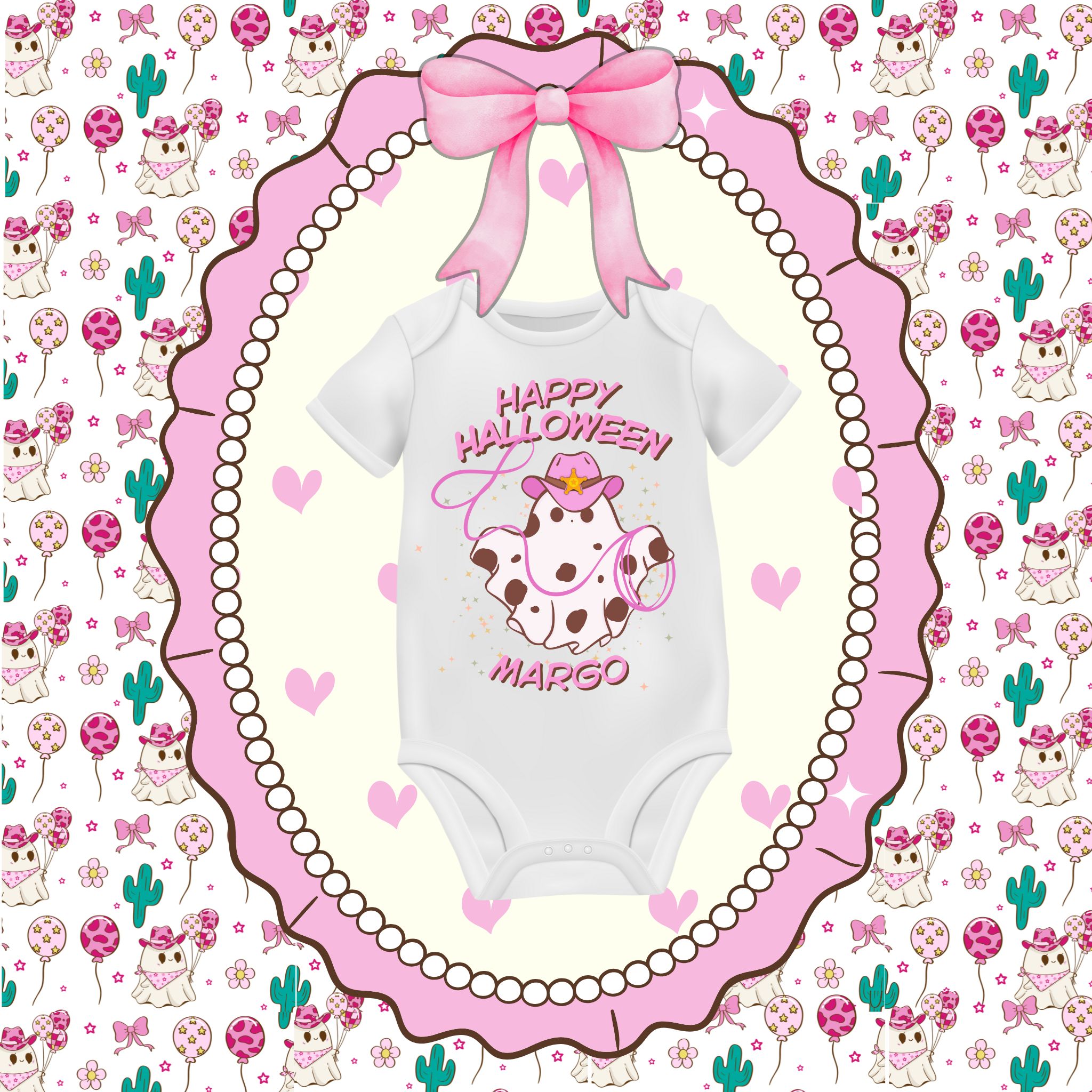 Personalized Pink Cowgirl Ghost Halloween Short Sleeve Baby Onesie – Custom Name | Trick or Treat &amp; First Halloween Outfit l Promoted to Big, Cute Infant Gift, Halloween Sibling Announcement, Spooky Pink Baby Shower, Newborn Clothing product thumbnail image