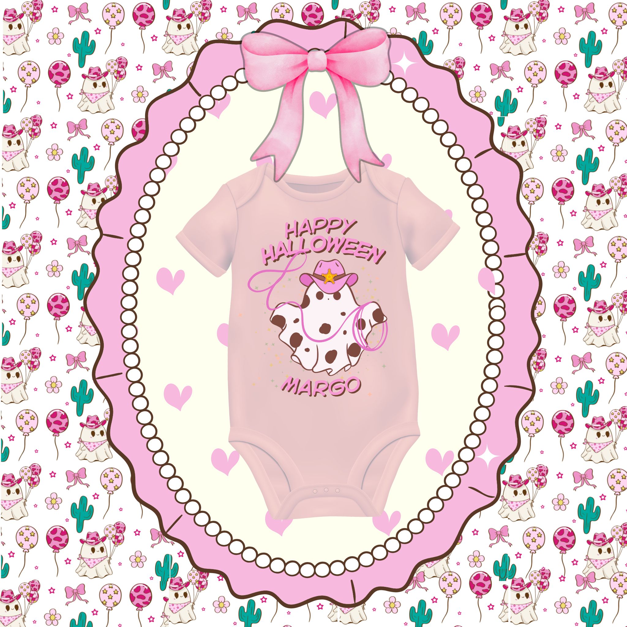 Personalized Pink Cowgirl Ghost Halloween Short Sleeve Baby Onesie – Custom Name | Trick or Treat &amp; First Halloween Outfit l Promoted to Big, Cute Infant Gift, Halloween Sibling Announcement, Spooky Pink Baby Shower, Newborn Clothing product thumbnail image