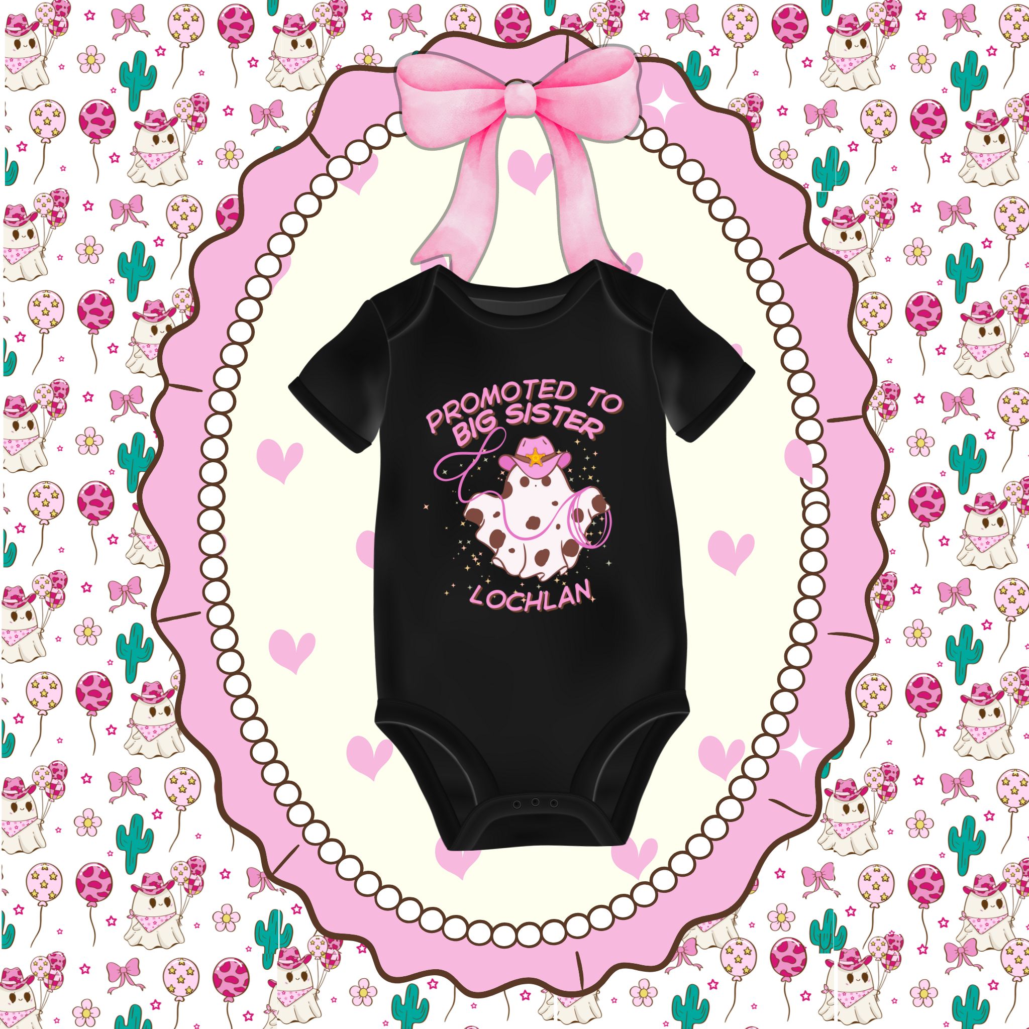 Personalized Pink Cowgirl Ghost Halloween Short Sleeve Baby Onesie – Custom Name | Trick or Treat &amp; First Halloween Outfit l Promoted to Big, Cute Infant Gift, Halloween Sibling Announcement, Spooky Pink Baby Shower, Newborn Clothing product thumbnail image