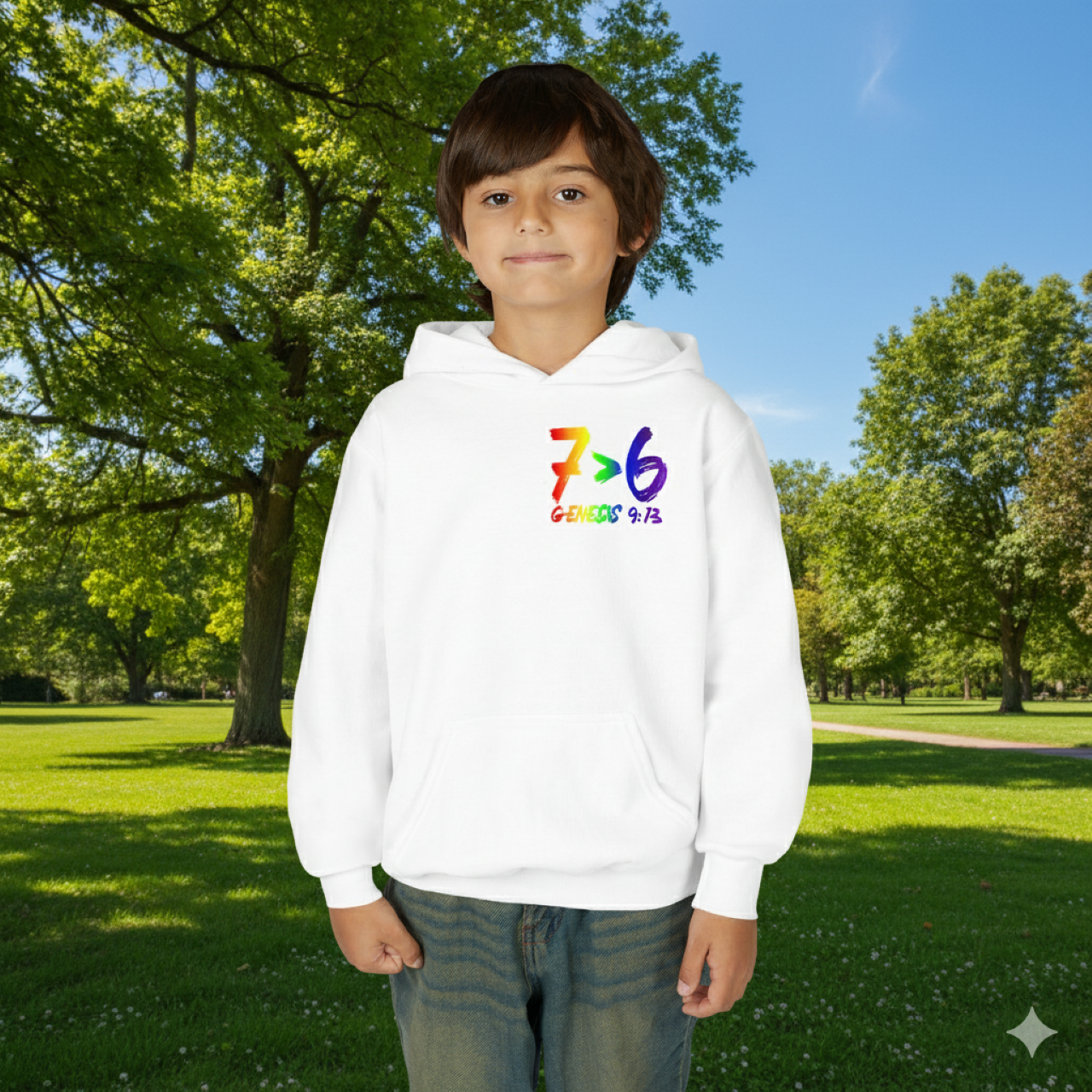 Rainbow 7>6 Genesis 9:13 Youth Hoodie product thumbnail image Rainbow 7>6 Genesis 9:13 Youth Hoodie product thumbnail image