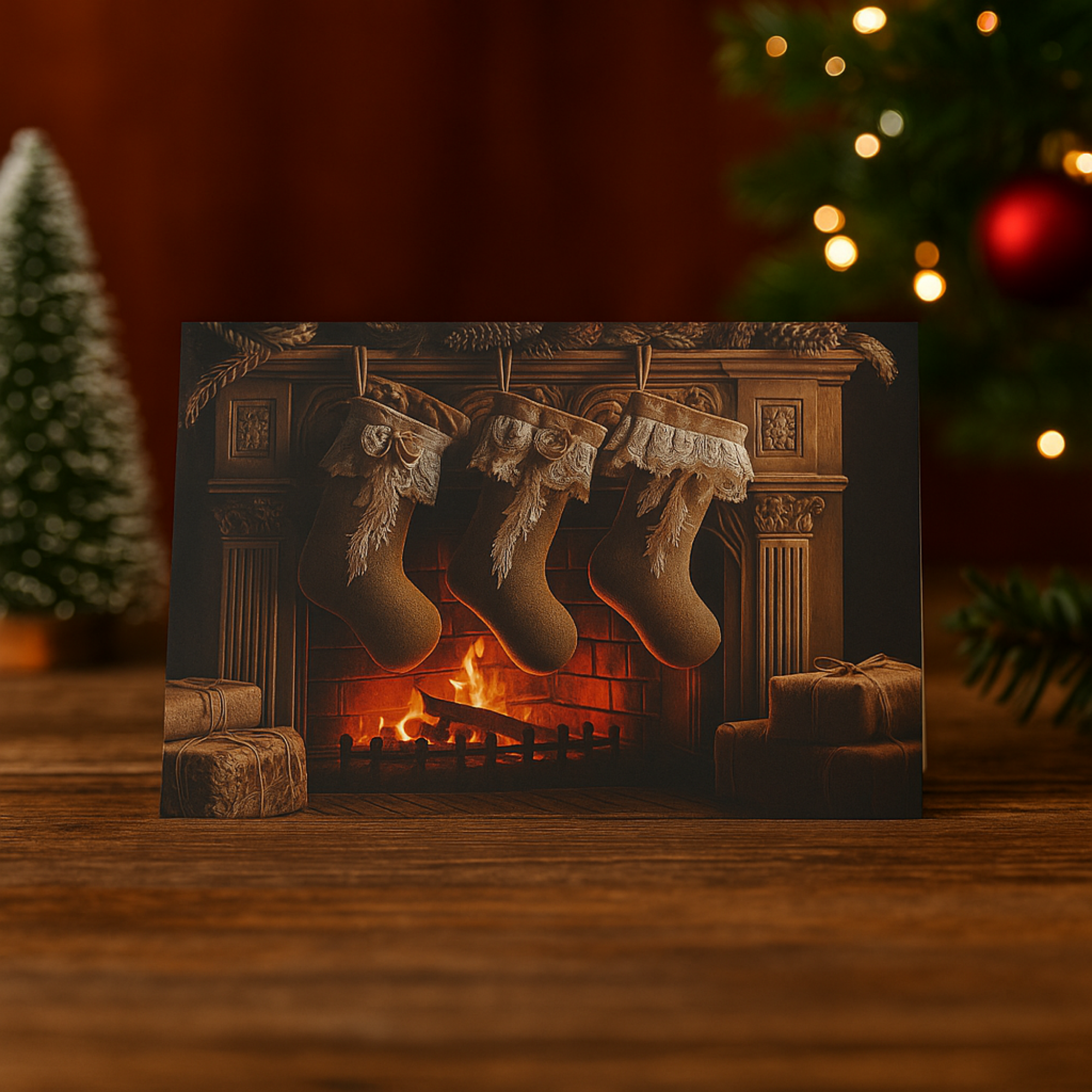 Rustic Christmas Card Set with Fireplace Stockings Holiday Greeting Cards for Family And Friends product thumbnail image