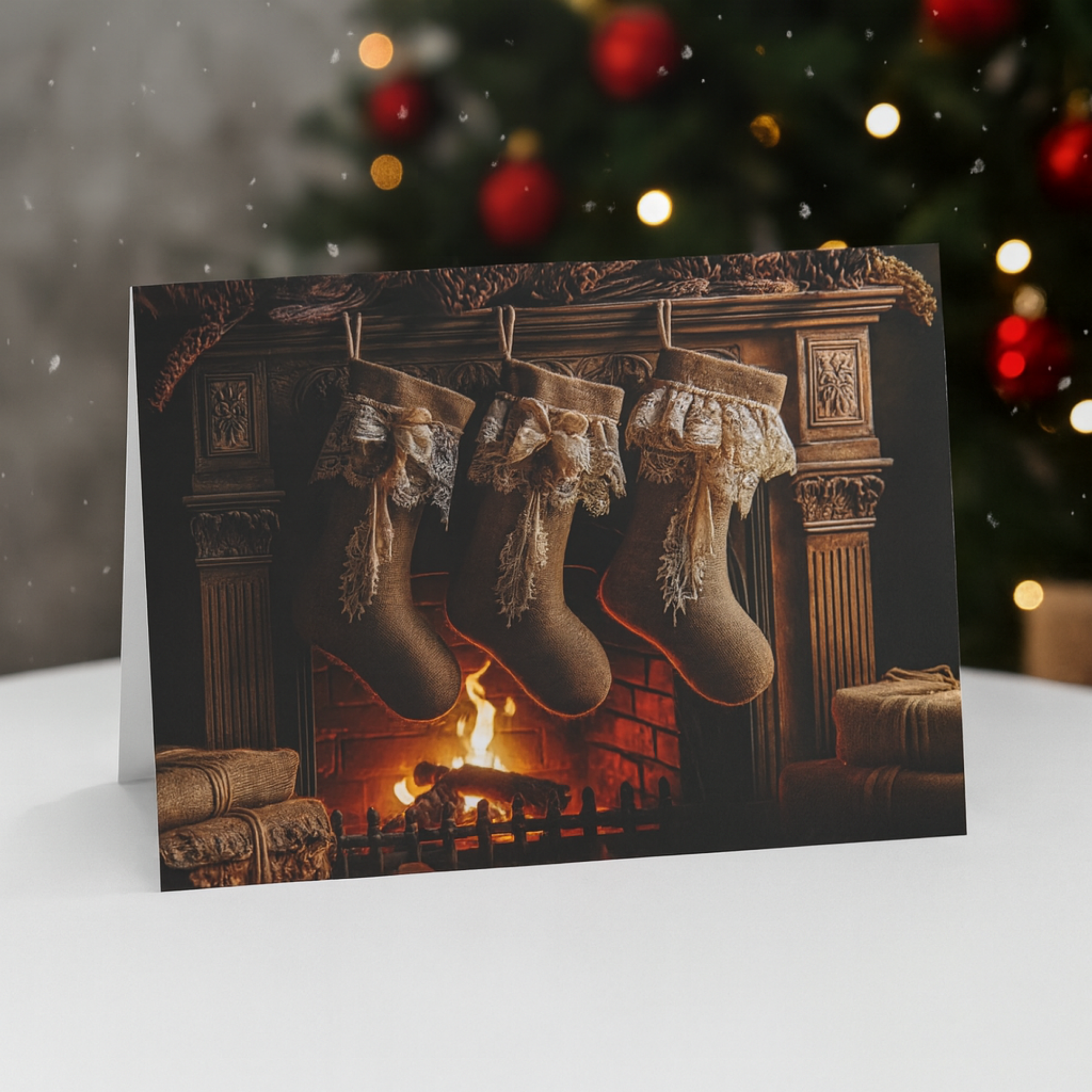 Rustic Christmas Card Set with Fireplace Stockings Holiday Greeting Cards for Family And Friends product thumbnail image