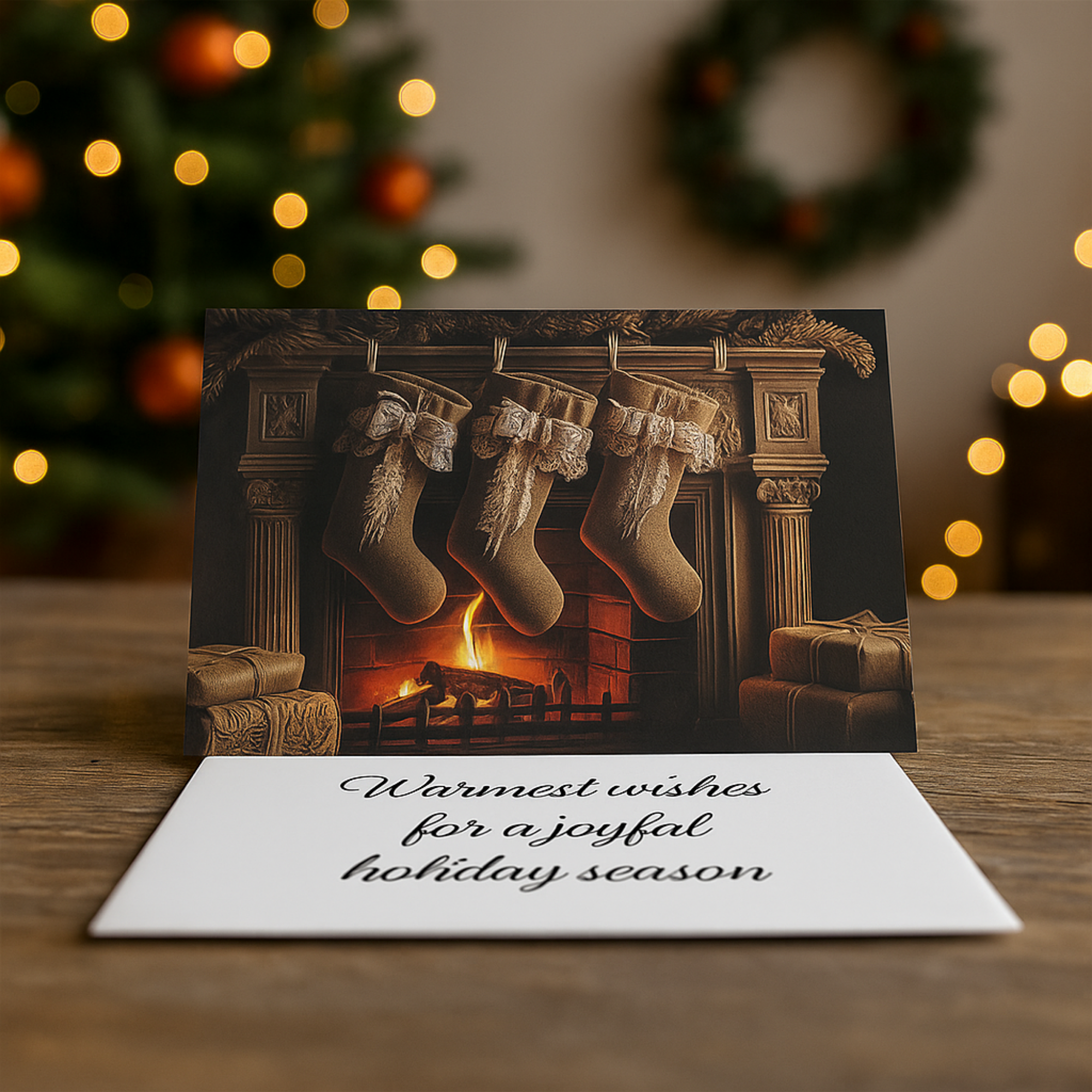 Rustic Christmas Card Set with Fireplace Stockings Holiday Greeting Cards for Family And Friends