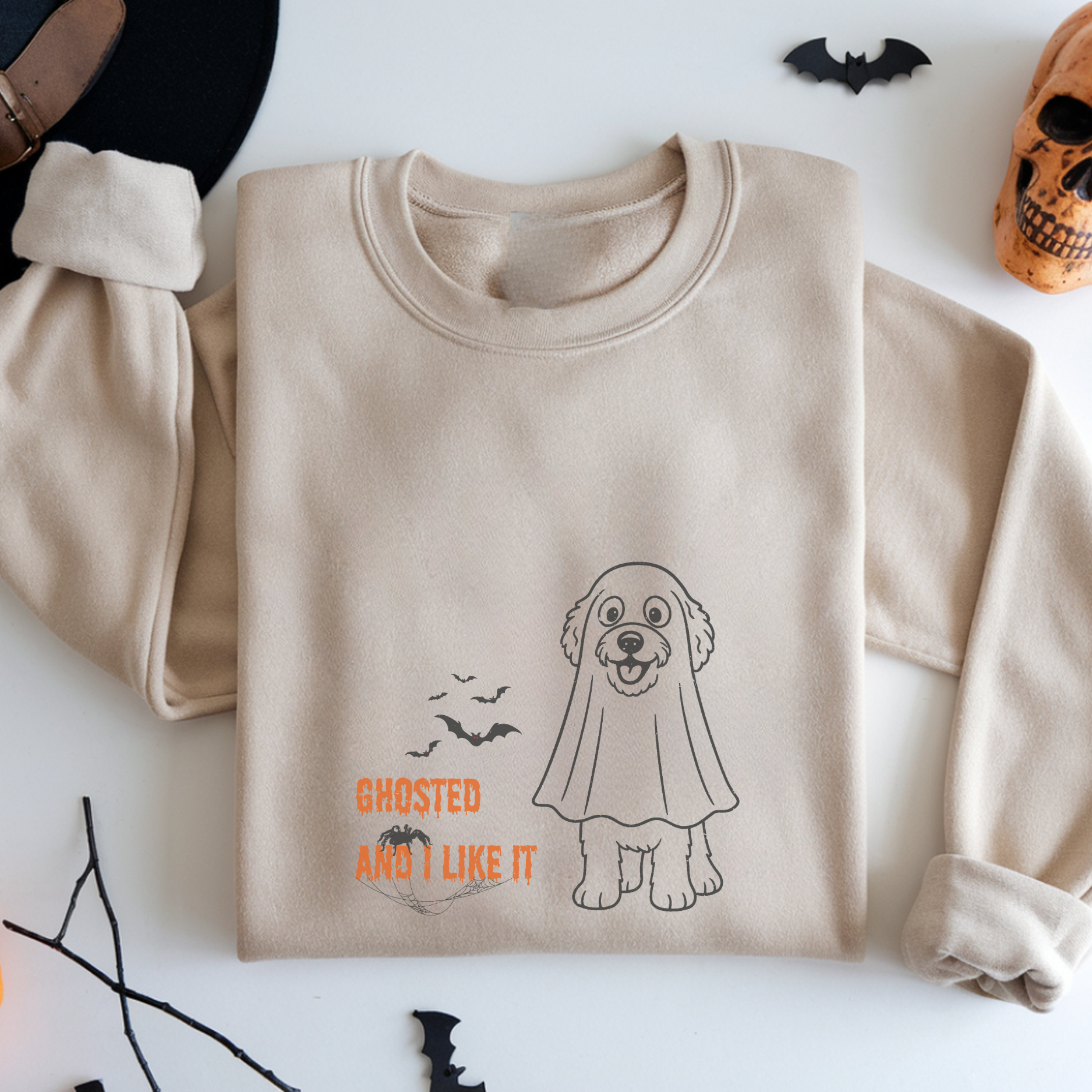 Halloween Dog Mom “Ghosted and I Like It” Doodle Sweatshirt – Vintage Soft Cotton Crewneck, Limited Edition – Only Until October 31 product thumbnail image