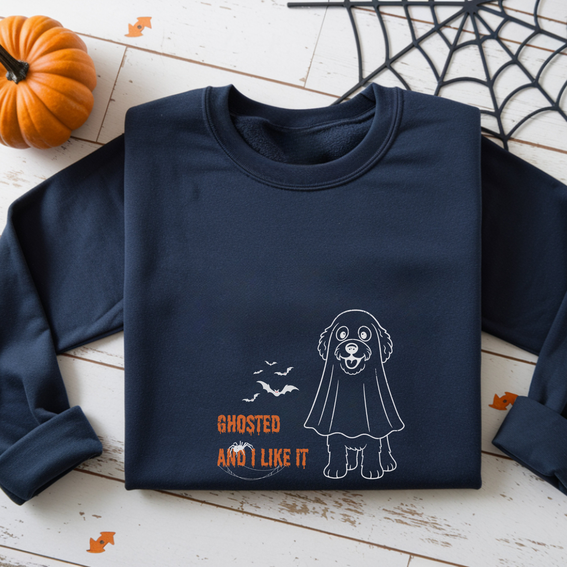 Halloween Dog Mom “Ghosted and I Like It” Doodle Sweatshirt – Vintage Soft Cotton Crewneck, Limited Edition – Only Until October 31 product thumbnail image