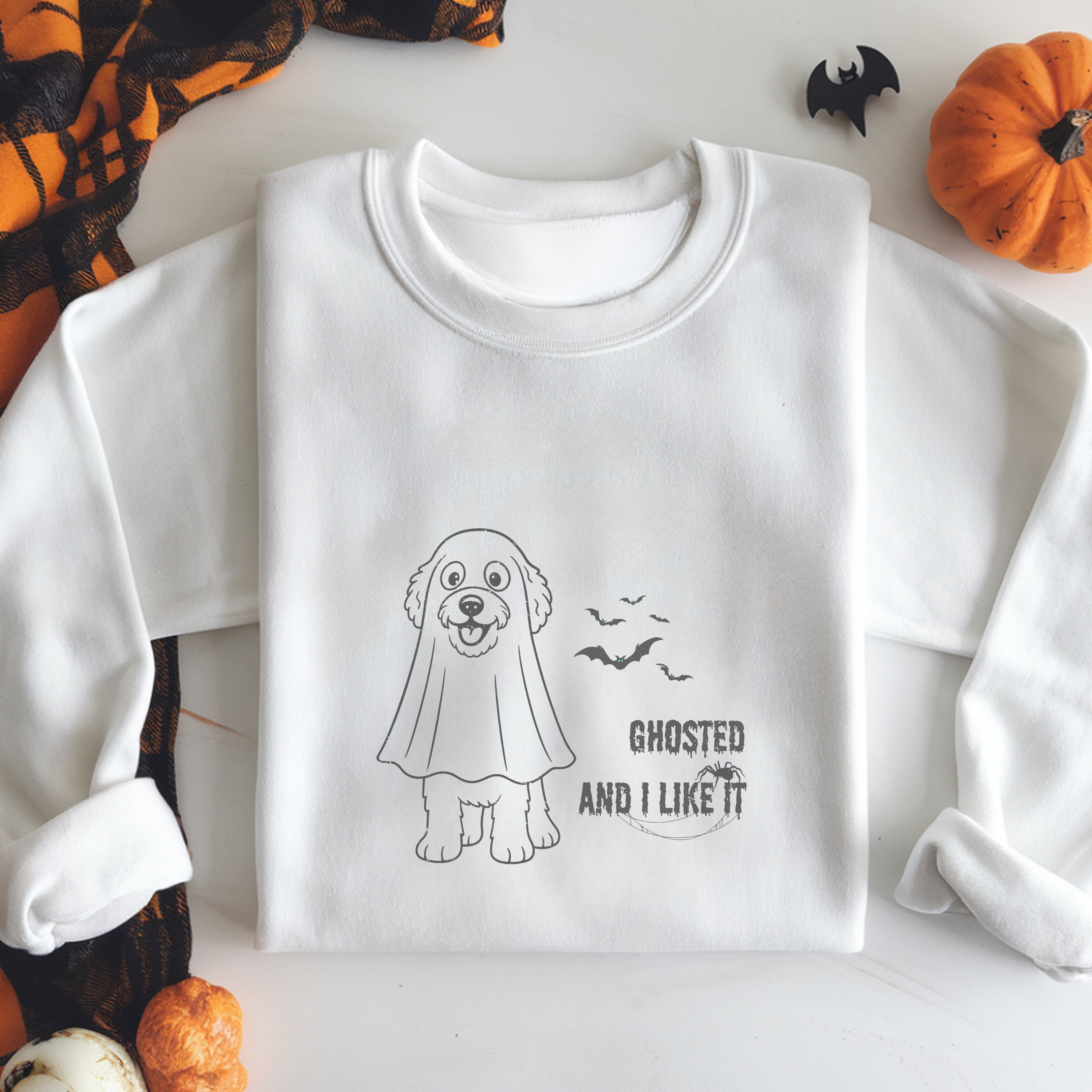 Halloween Dog Mom “Ghosted and I Like It” Doodle Sweatshirt – Vintage Soft Cotton Crewneck, Limited Edition – Only Until October 31 product thumbnail image