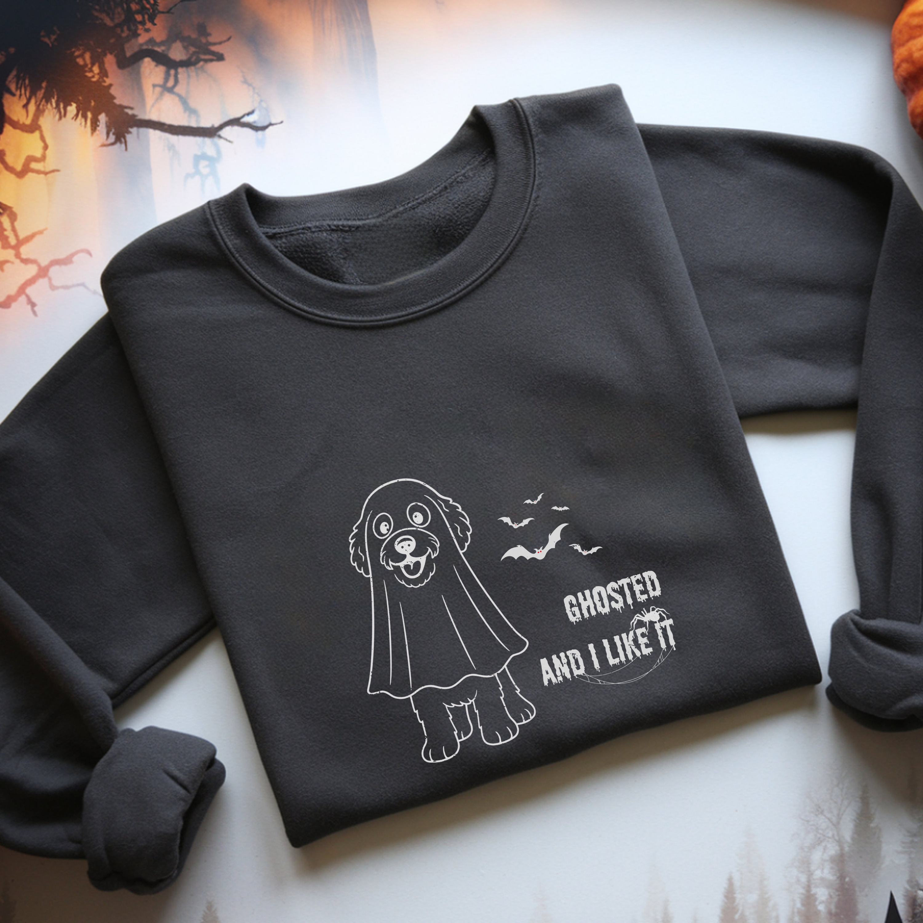 Halloween Dog Mom “Ghosted and I Like It” Doodle Sweatshirt – Vintage Soft Cotton Crewneck, Limited Edition – Only Until October 31 product thumbnail image