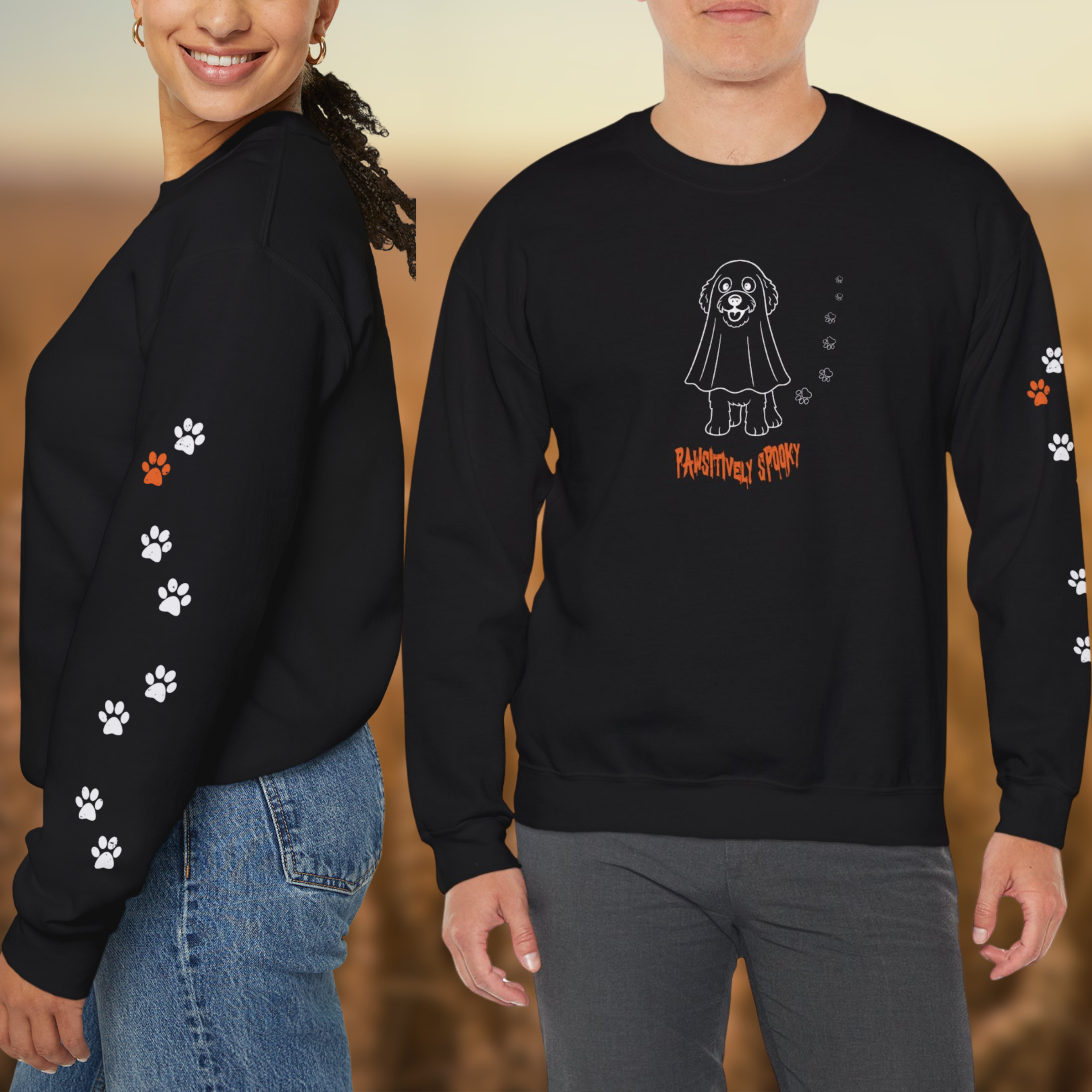 Pawsitively Spooky Distressed Doodle Sweatshirt, Funny Halloween Dog Mom Crewneck with Paw Prints product thumbnail image