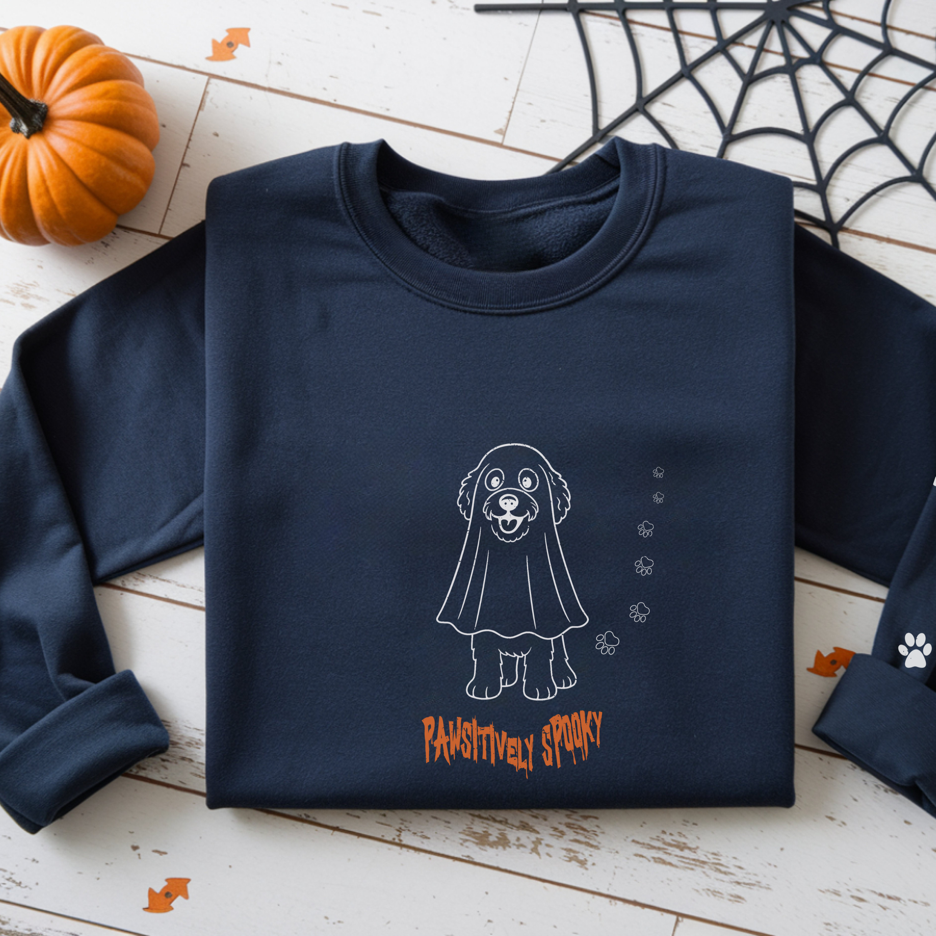 Pawsitively Spooky Distressed Doodle Sweatshirt, Funny Halloween Dog Mom Crewneck with Paw Prints product thumbnail image