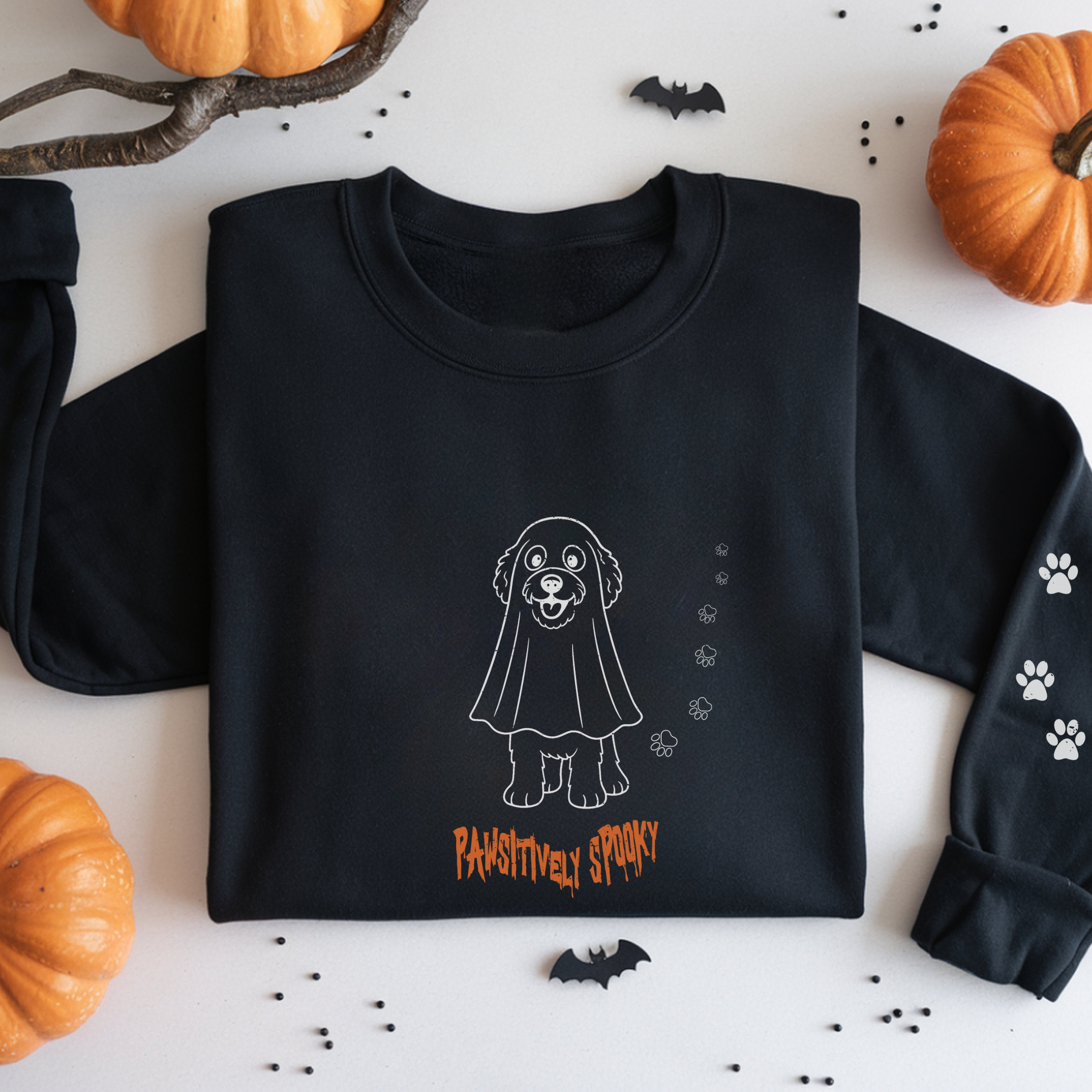 Pawsitively Spooky Distressed Doodle Sweatshirt, Funny Halloween Dog Mom Crewneck with Paw Prints product thumbnail image Pawsitively Spooky Distressed Doodle Sweatshirt, Funny Halloween Dog Mom Crewneck with Paw Prints product thumbnail image