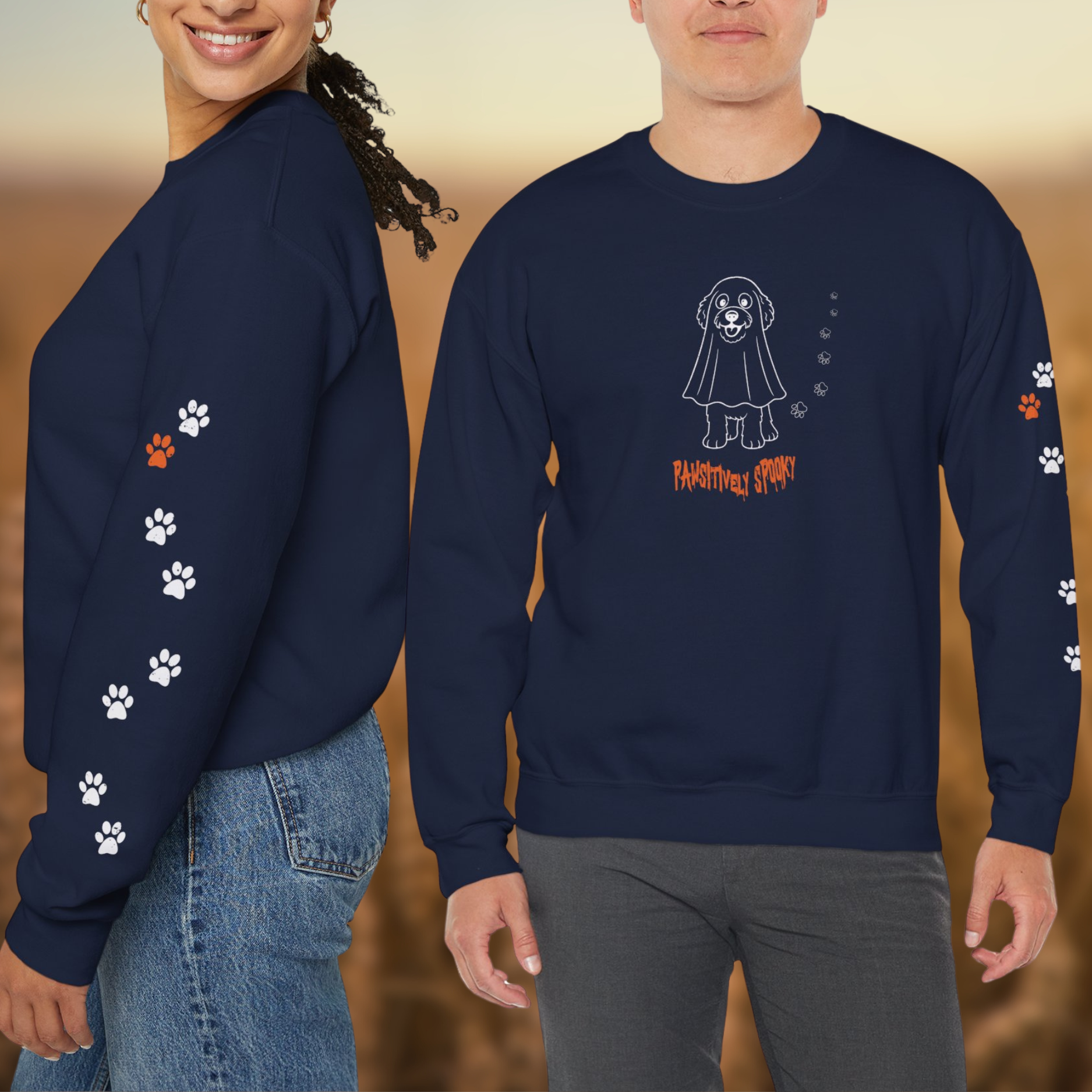 Pawsitively Spooky Distressed Doodle Sweatshirt, Funny Halloween Dog Mom Crewneck with Paw Prints product thumbnail image Pawsitively Spooky Distressed Doodle Sweatshirt, Funny Halloween Dog Mom Crewneck with Paw Prints product thumbnail image