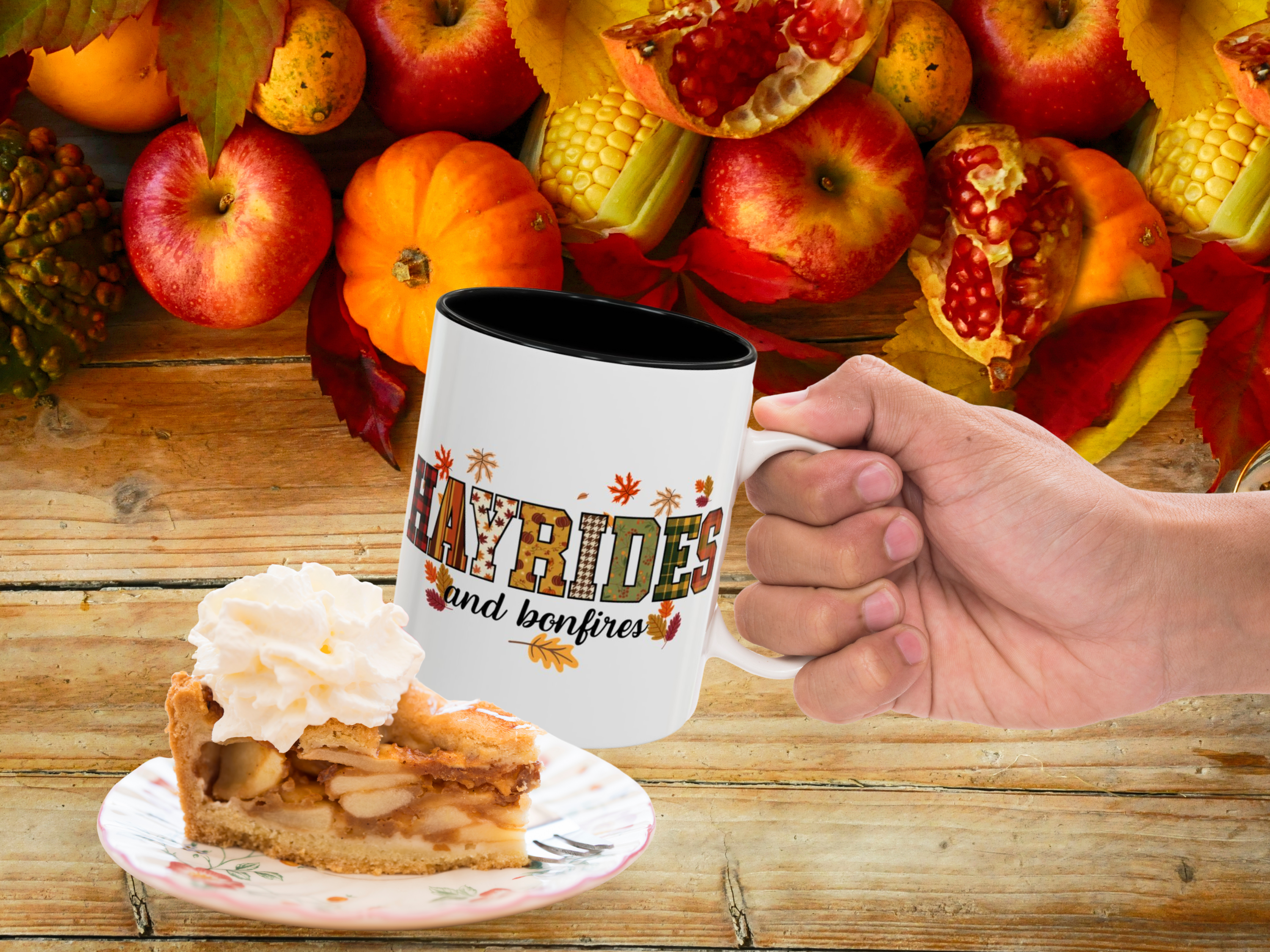 The Perfect Autumn Mug: "Hayrides and Bonfires" with leaves, Two-Tone Ceramic product thumbnail image The Perfect Autumn Mug: "Hayrides and Bonfires" with leaves, Two-Tone Ceramic product thumbnail image