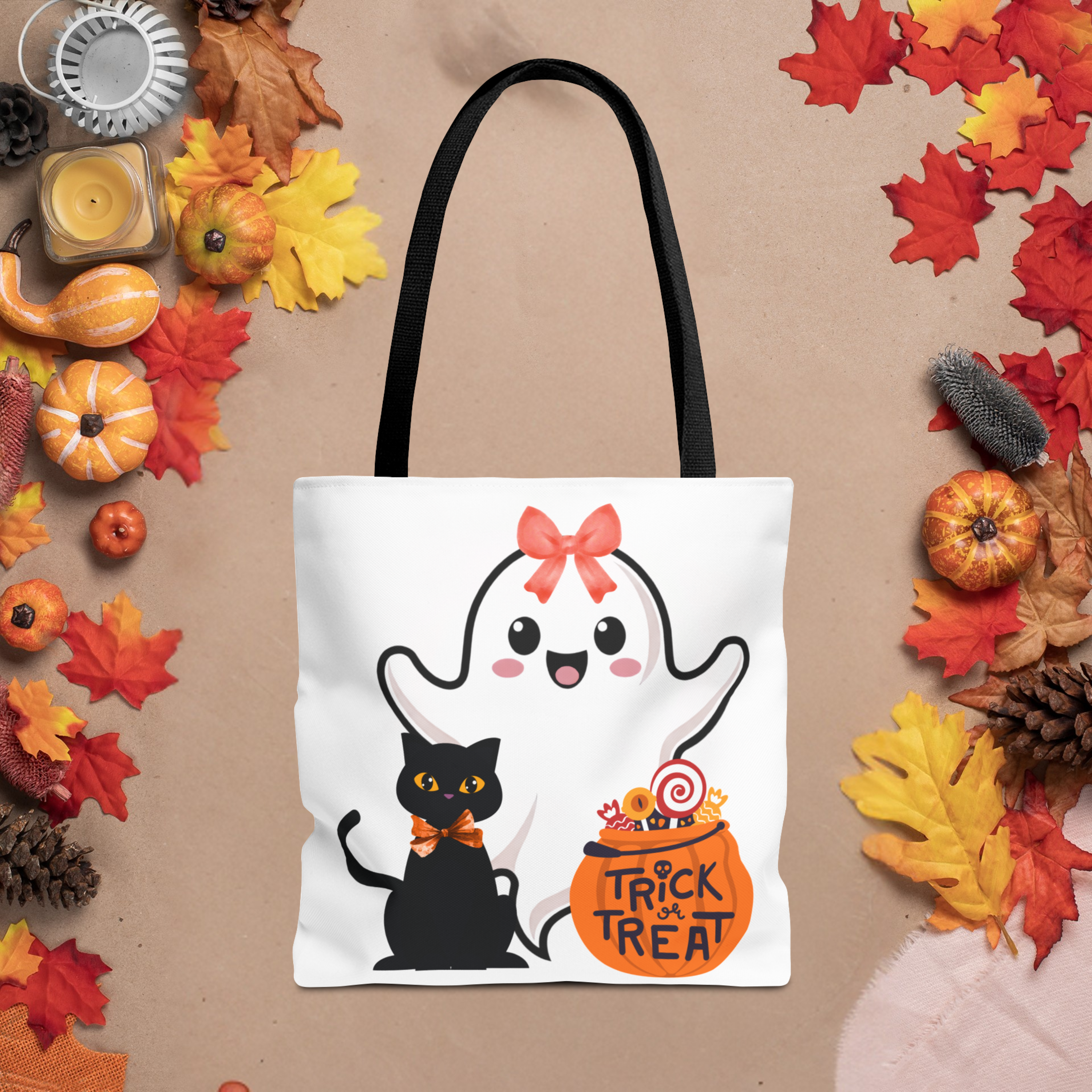 Halloween Ghost &amp; Cat Tote Bag, Trick or Treat Bag, Fall Shopper, Spooky Style, Gift for Cat Lovers, Autumn Accessory